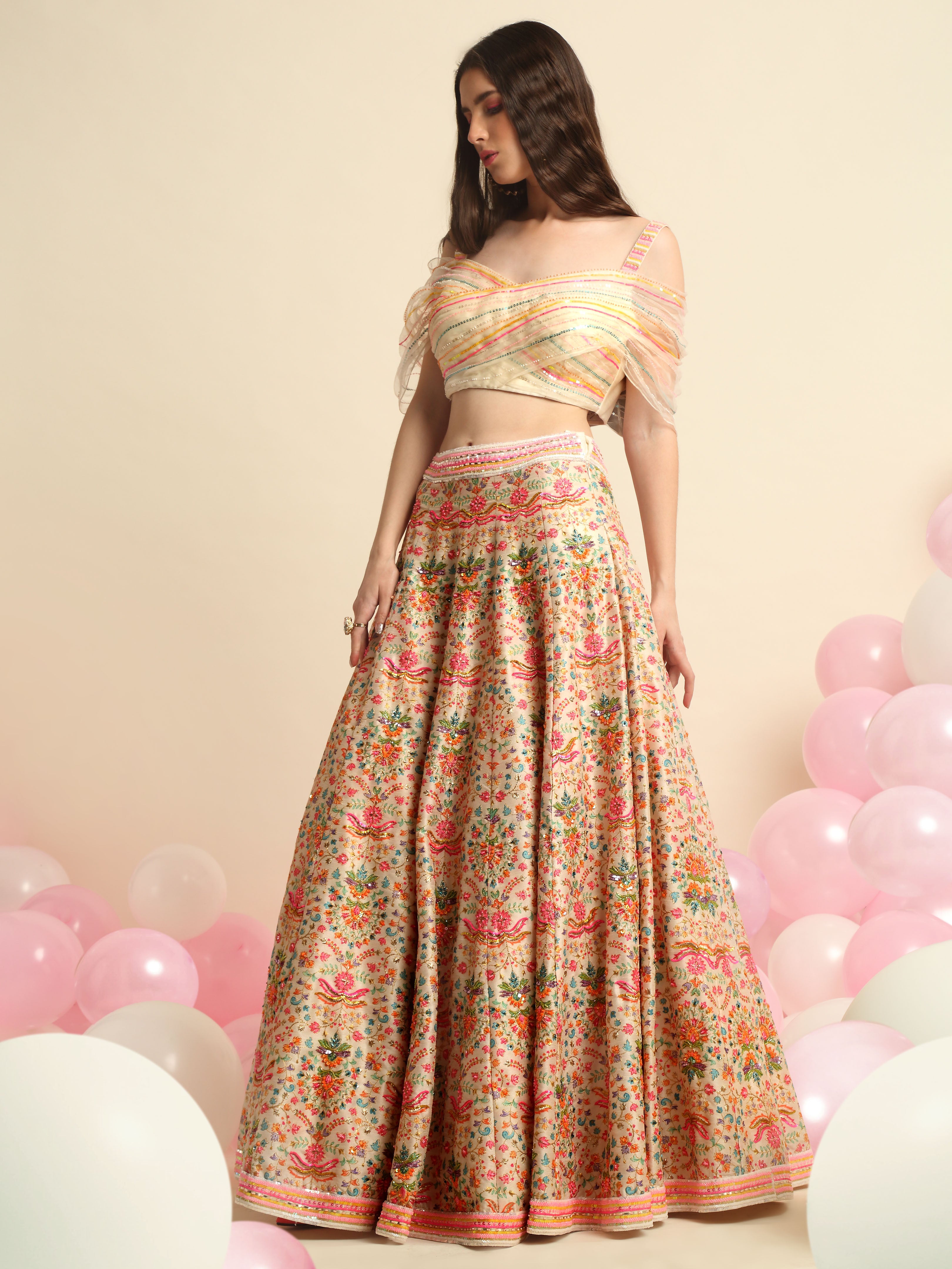 Ivory Printed & Embroidered Lehenga Set