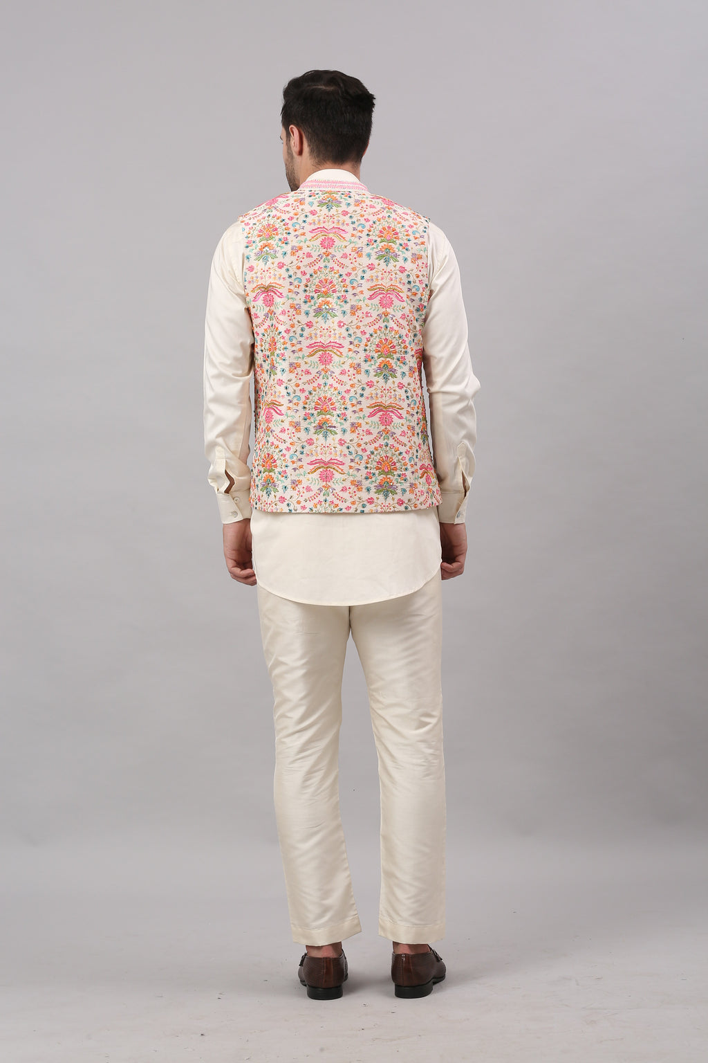 Cream Nehru Collar Printed Jacket Set