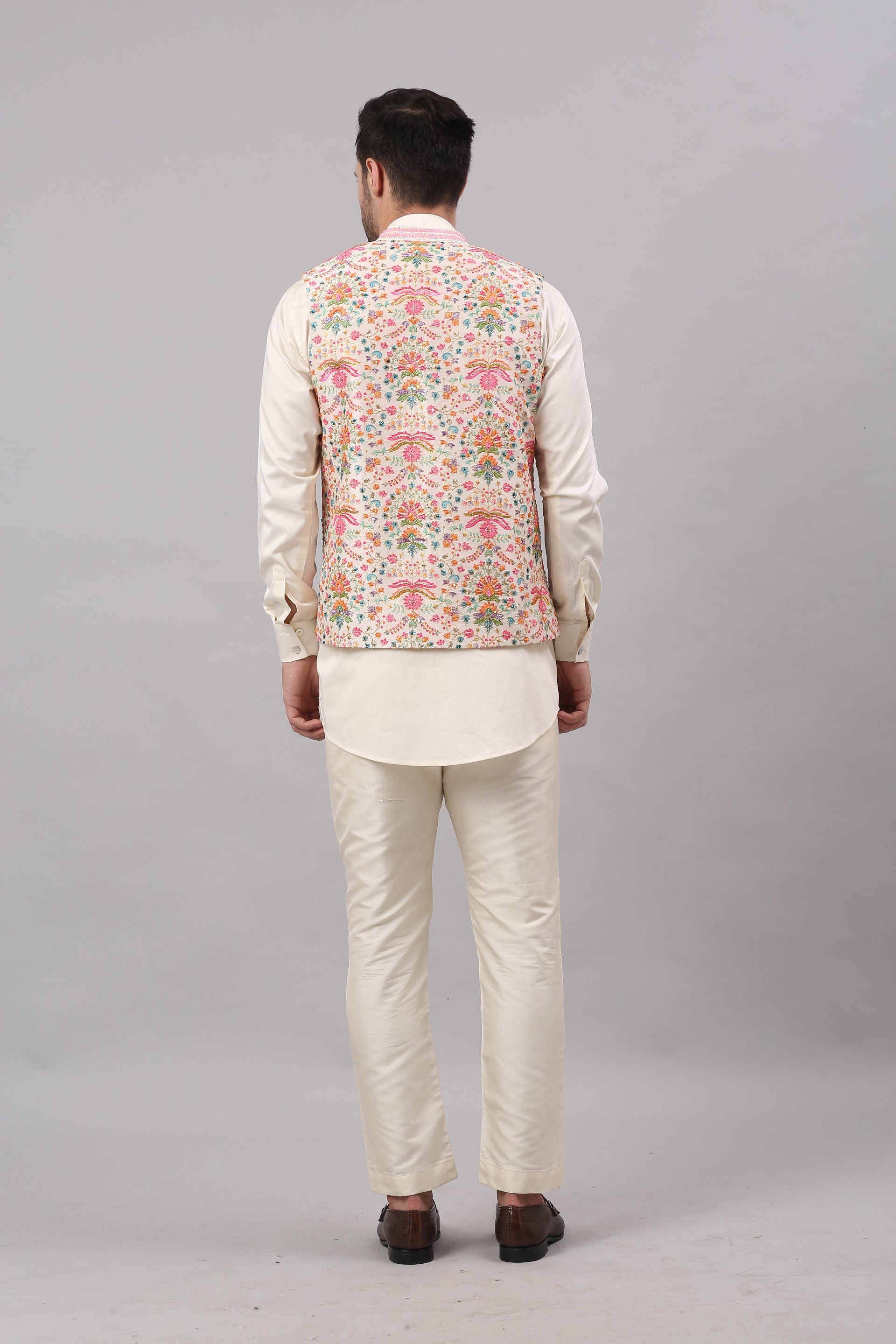 Cream Nehru Collar Printed Jacket Set