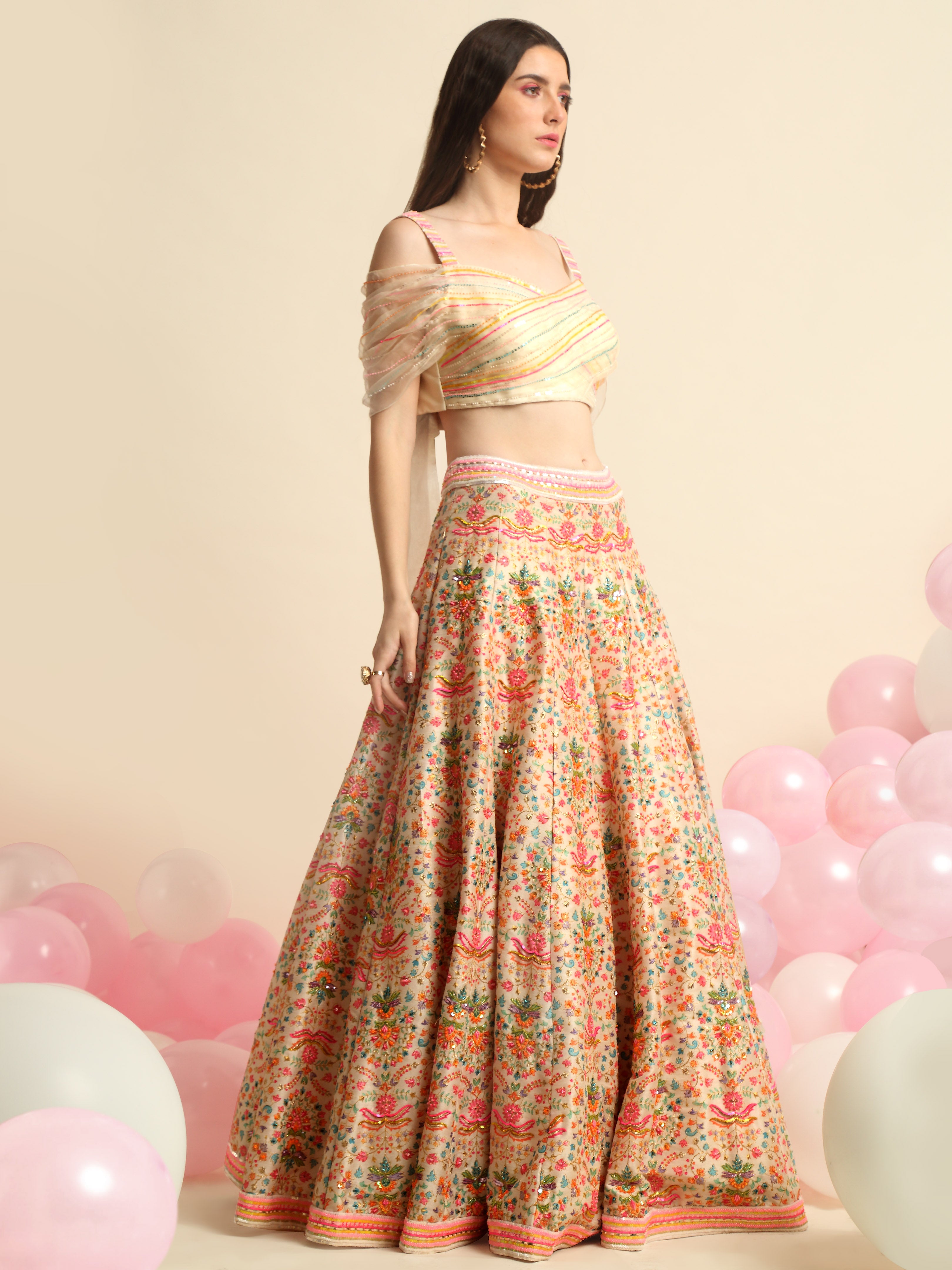 Ivory Printed & Embroidered Lehenga Set