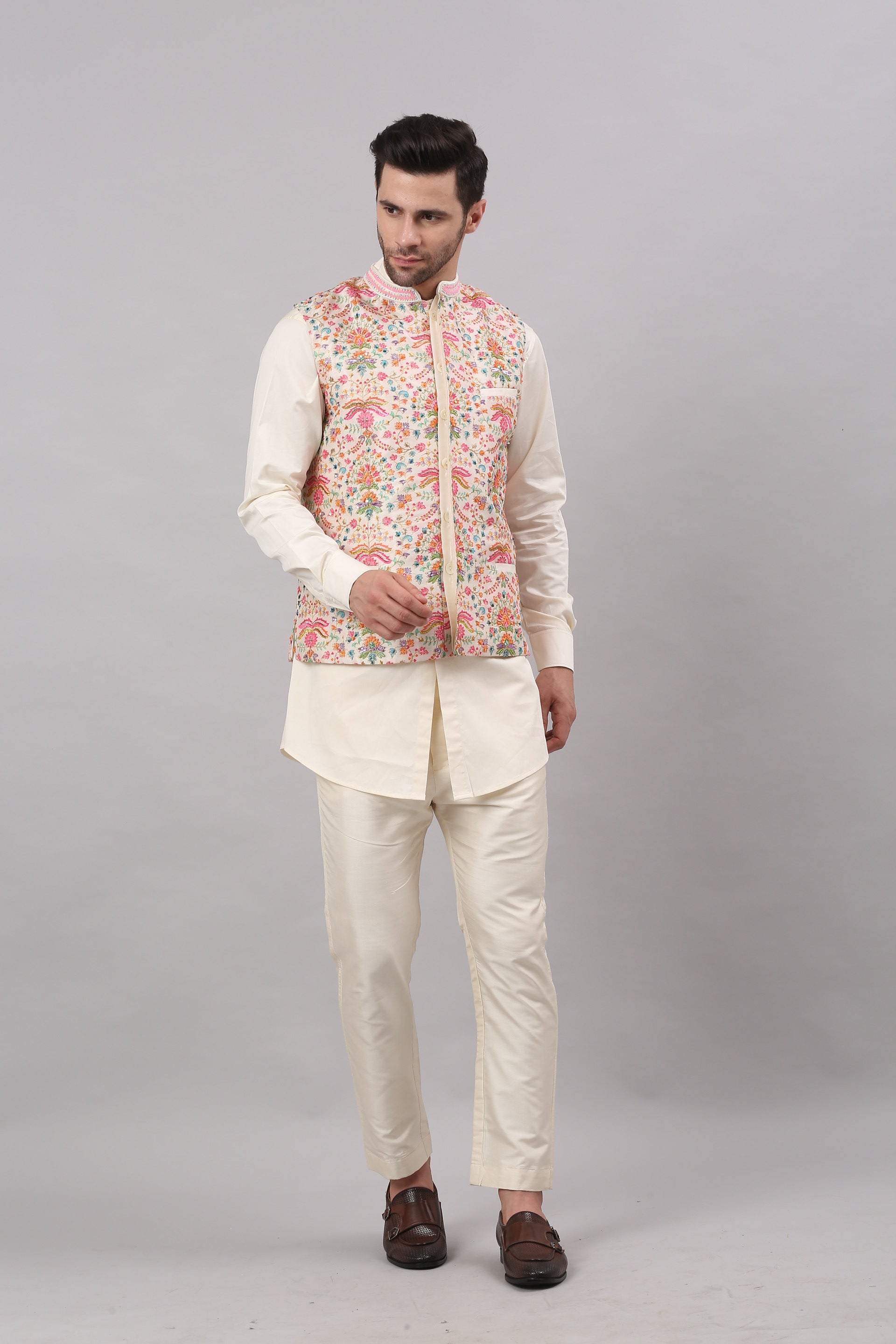 Cream Nehru Collar Printed Jacket Set