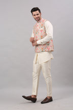 Cream Nehru Collar Printed Jacket Set