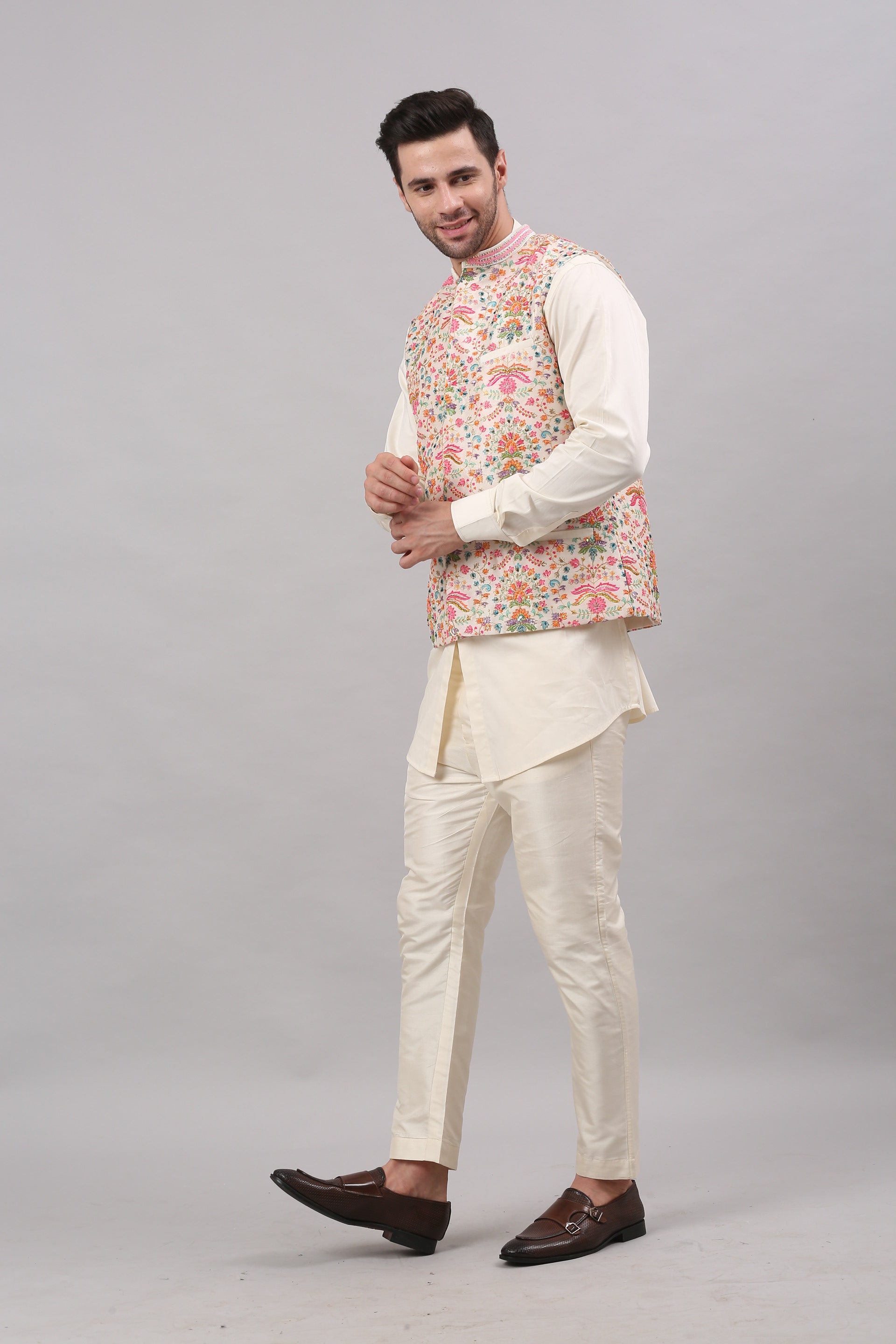Cream Nehru Collar Printed Jacket Set