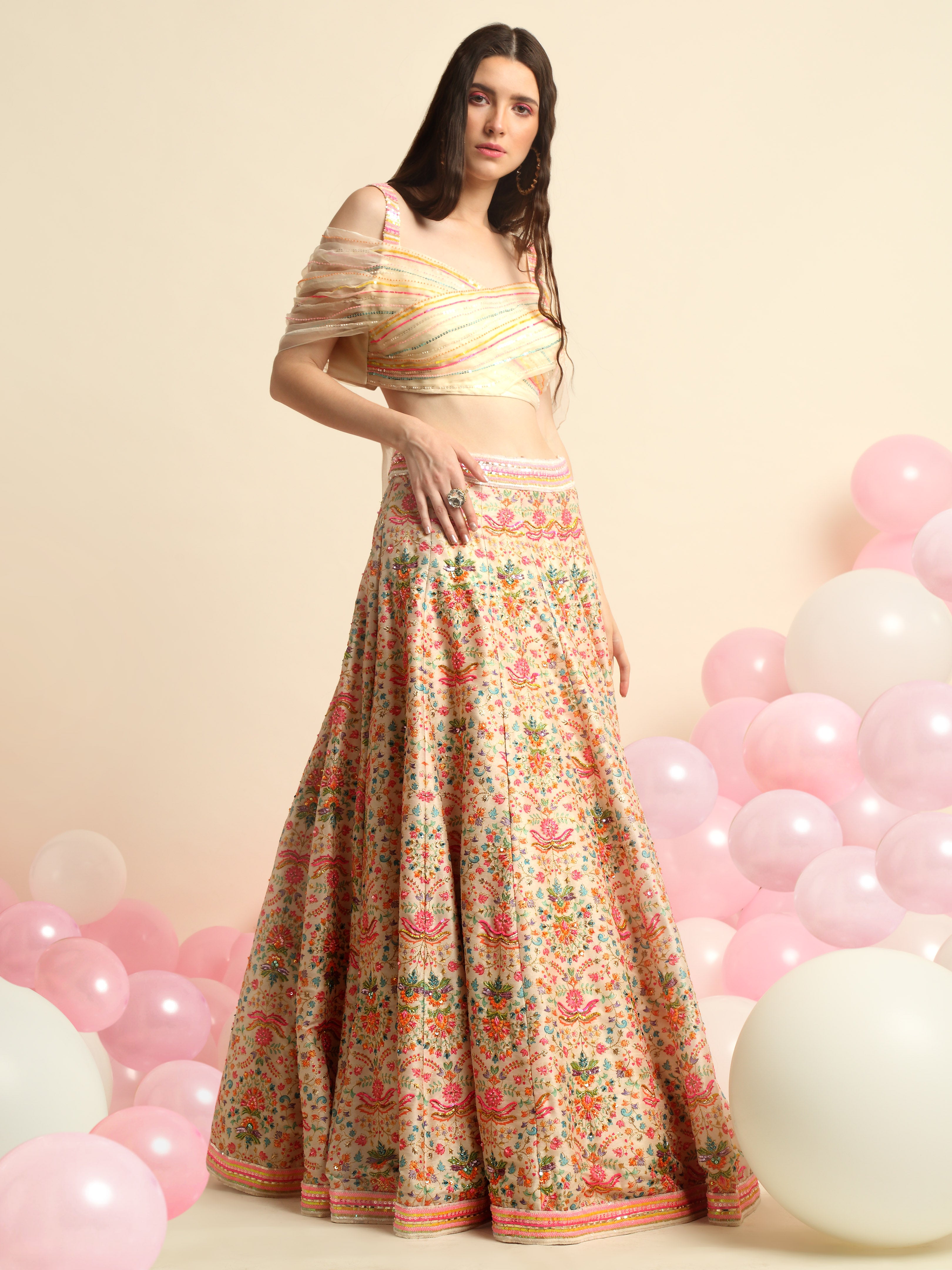 Ivory Printed & Embroidered Lehenga Set