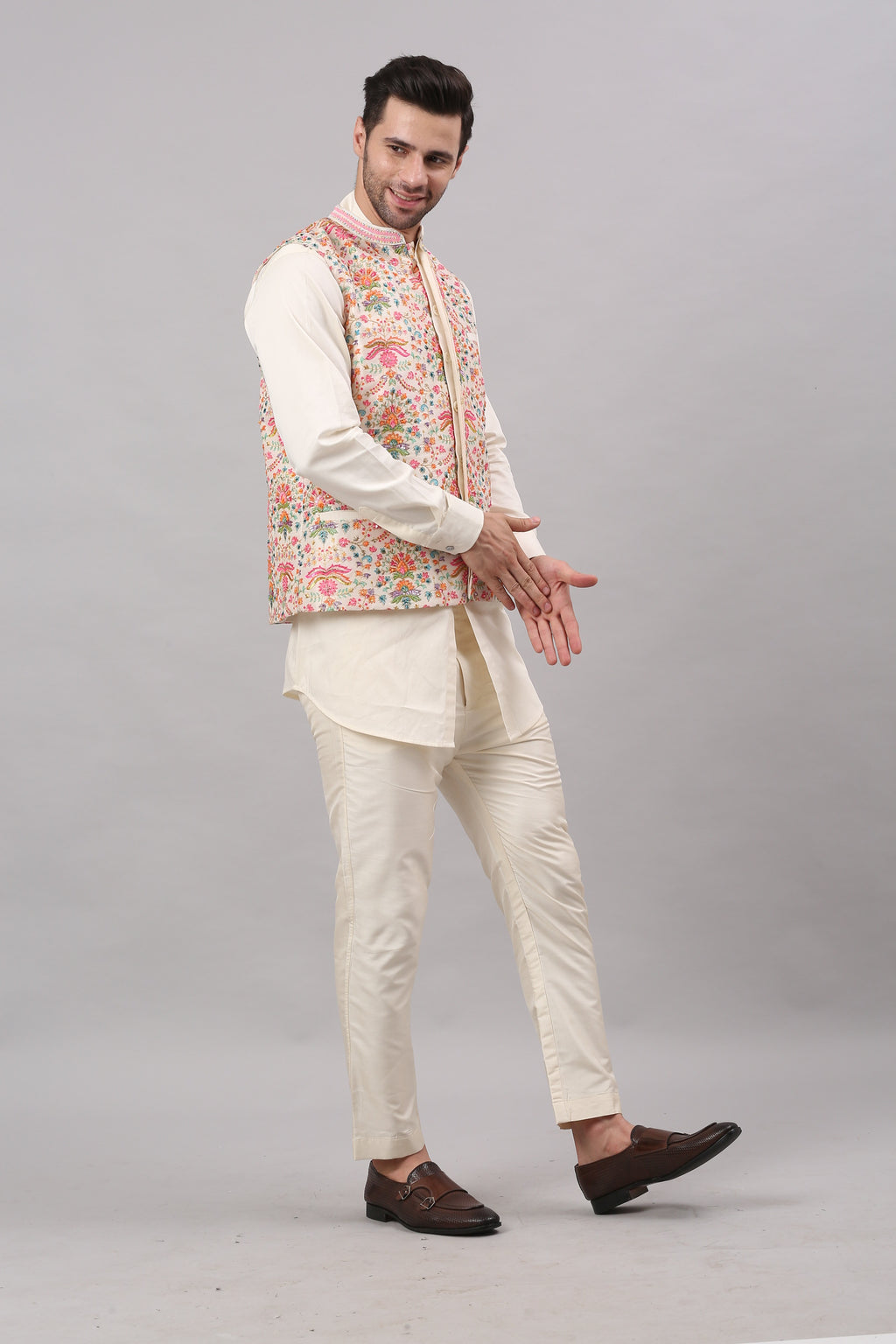 Cream Nehru Collar Printed Jacket Set