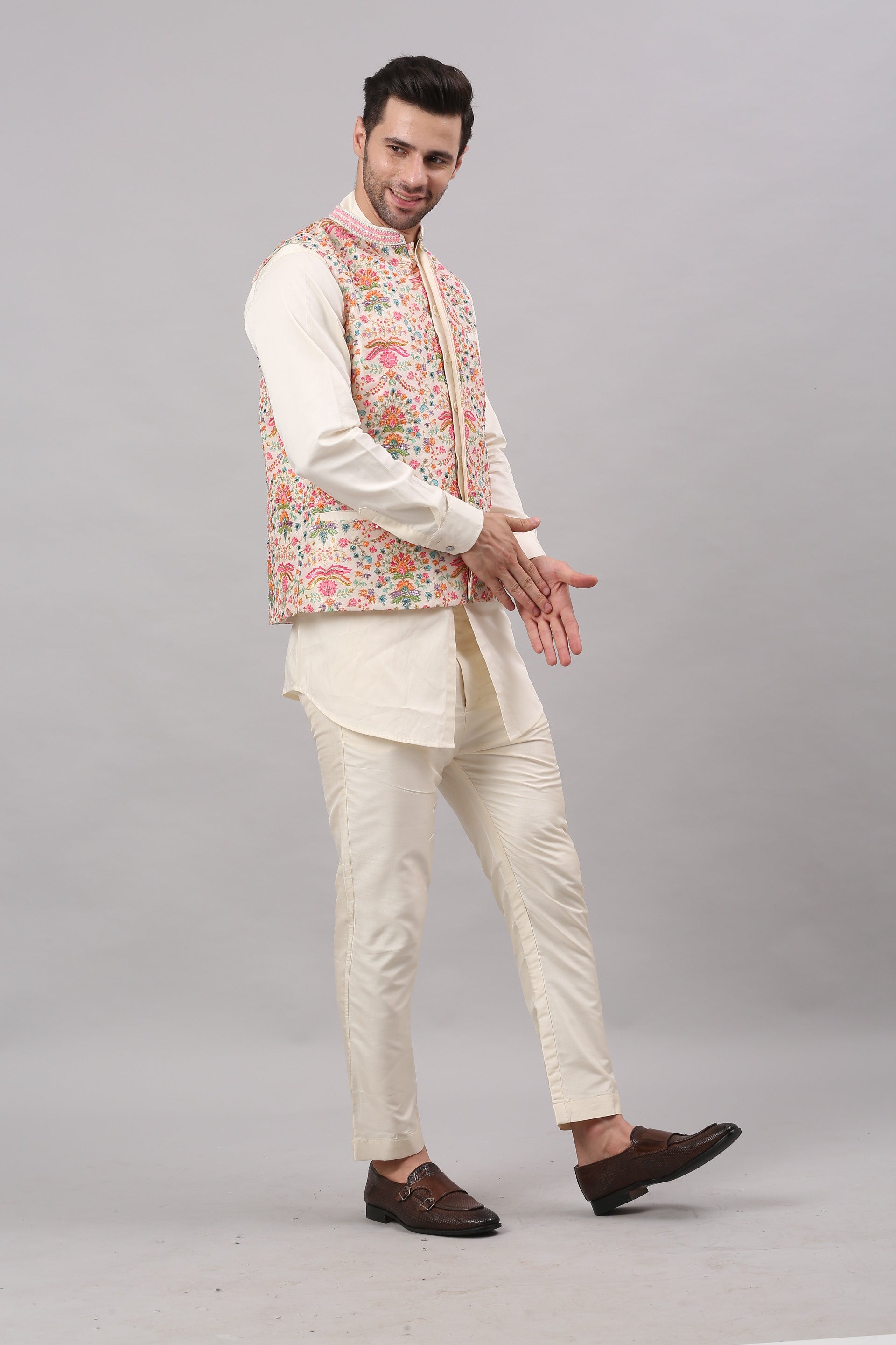 Cream Nehru Collar Printed Jacket Set