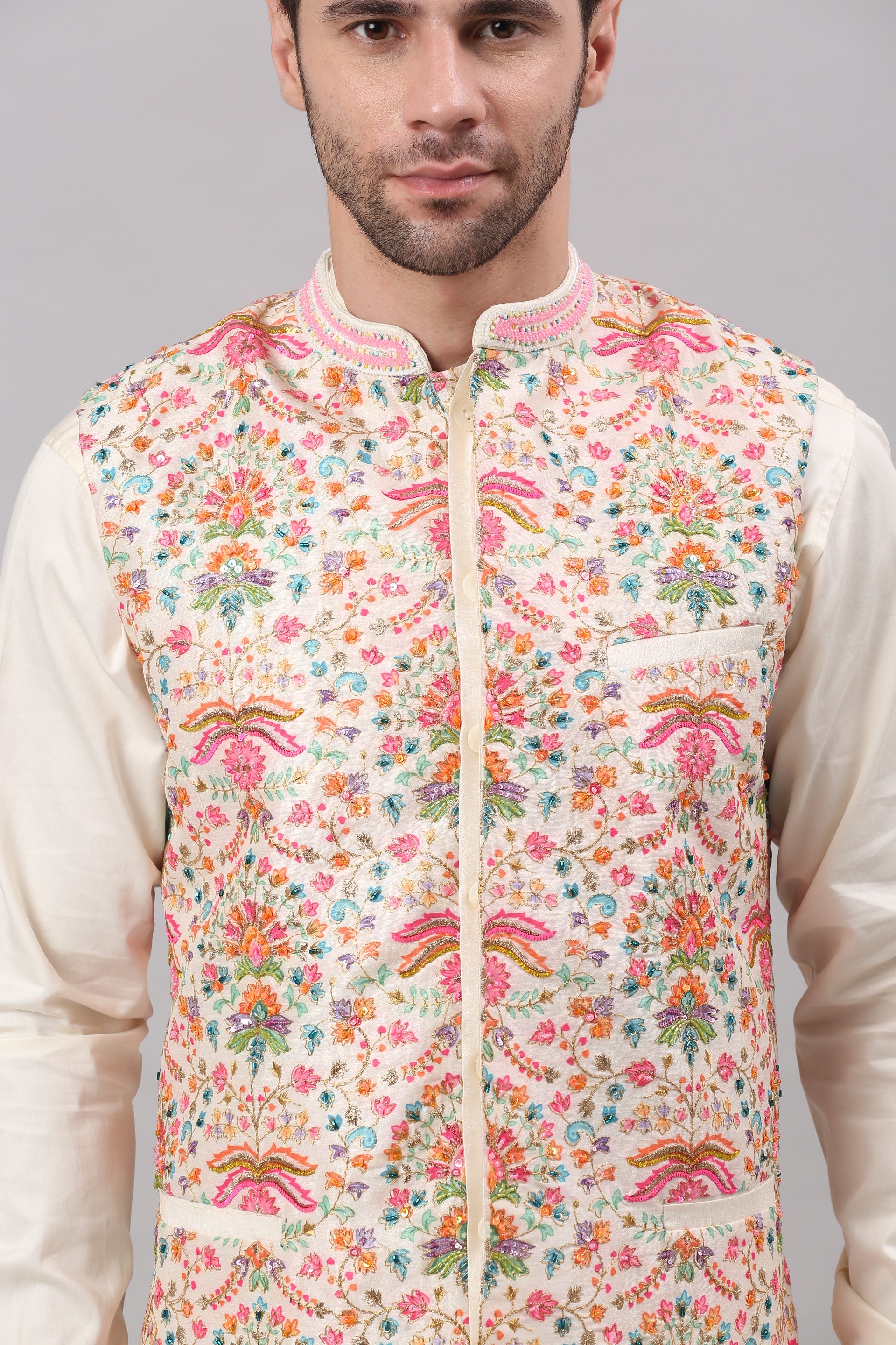 Cream Nehru collar printed jacket Set