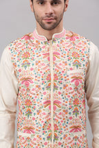 Cream Nehru Collar Printed Jacket Set