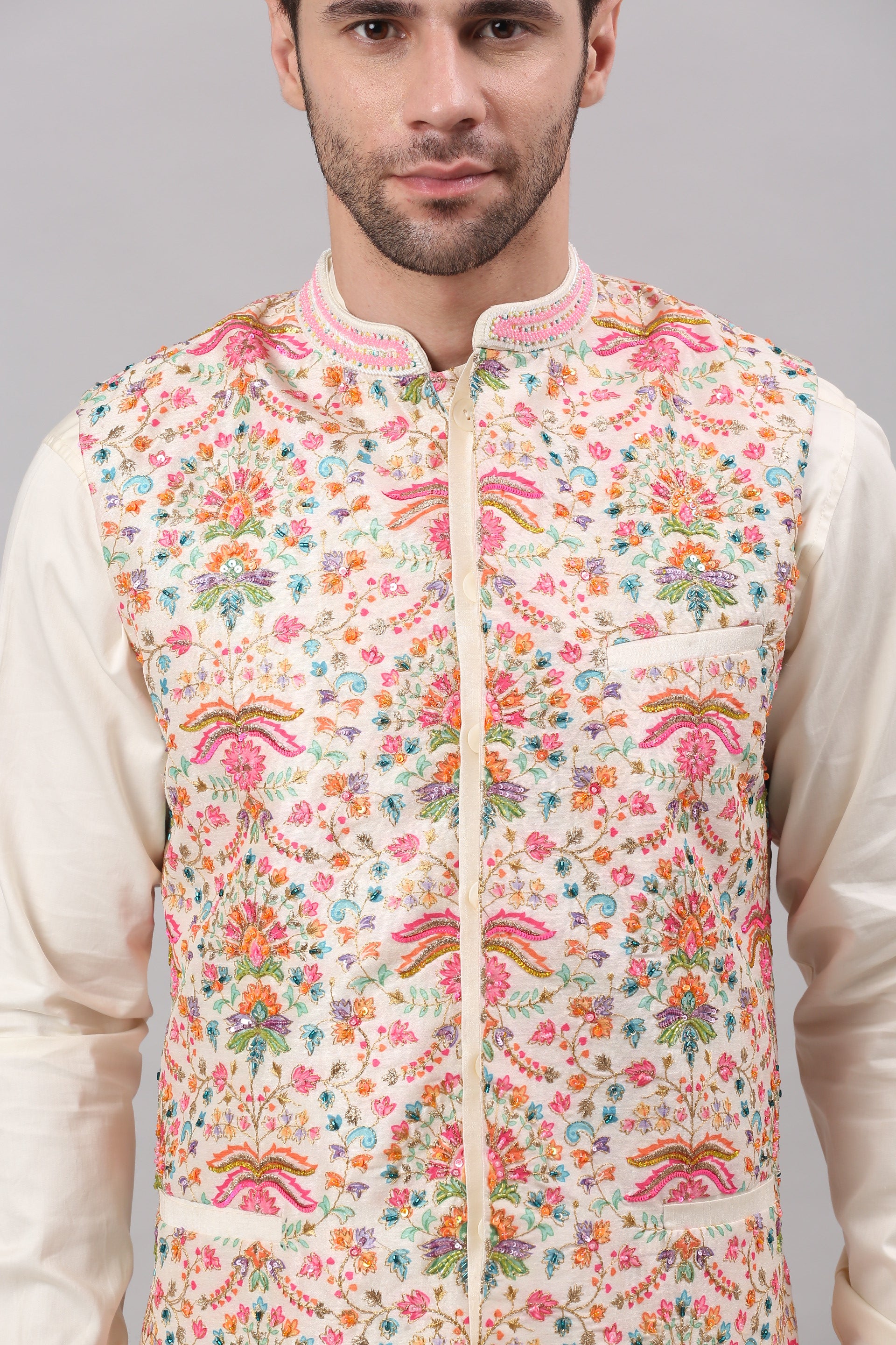Cream Nehru Collar Printed Jacket Set