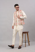 Cream Nehru Collar Printed Jacket Set