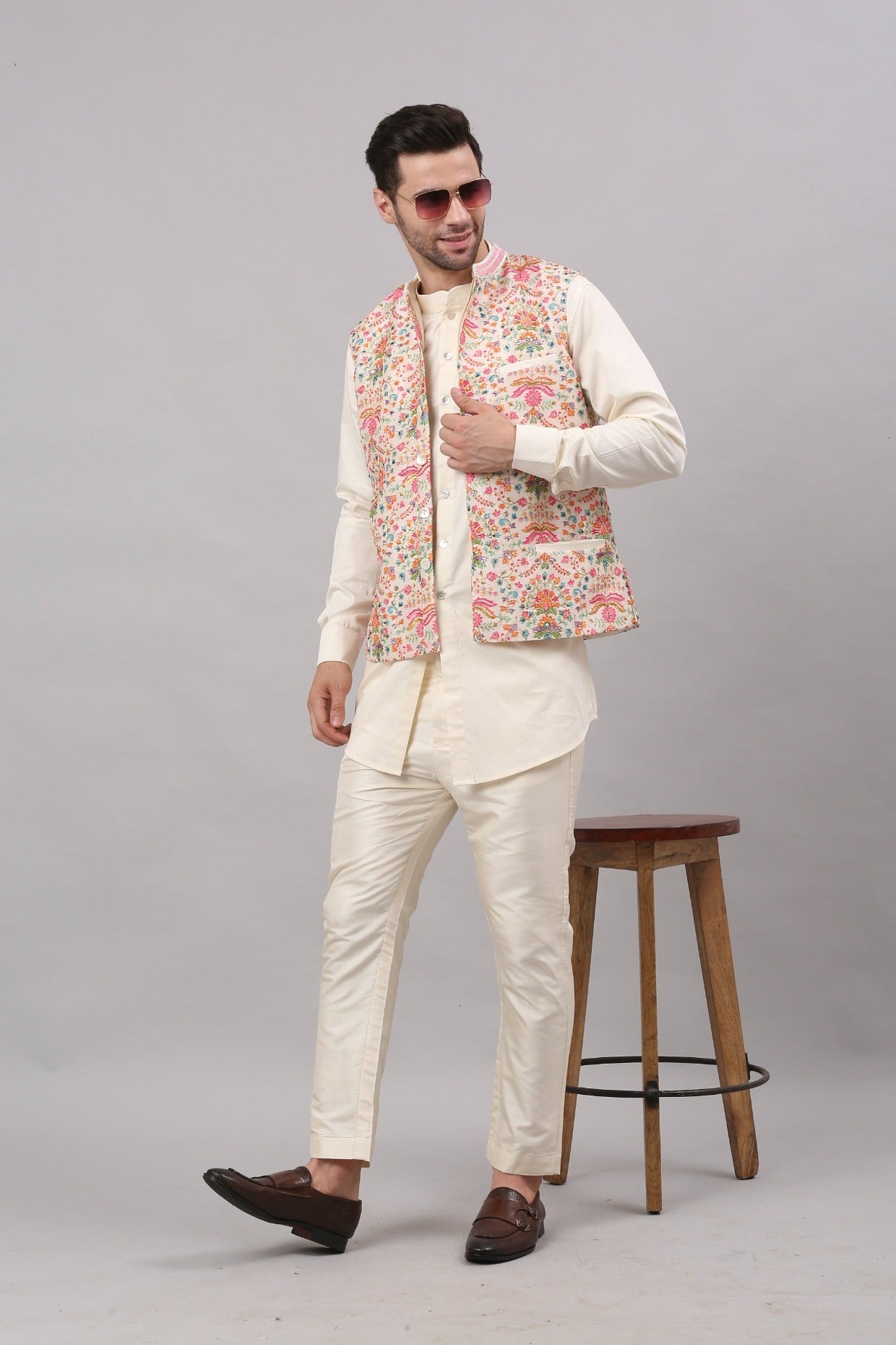 Cream Nehru Collar Printed Jacket Set