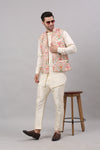 Cream Nehru collar printed jacket Set