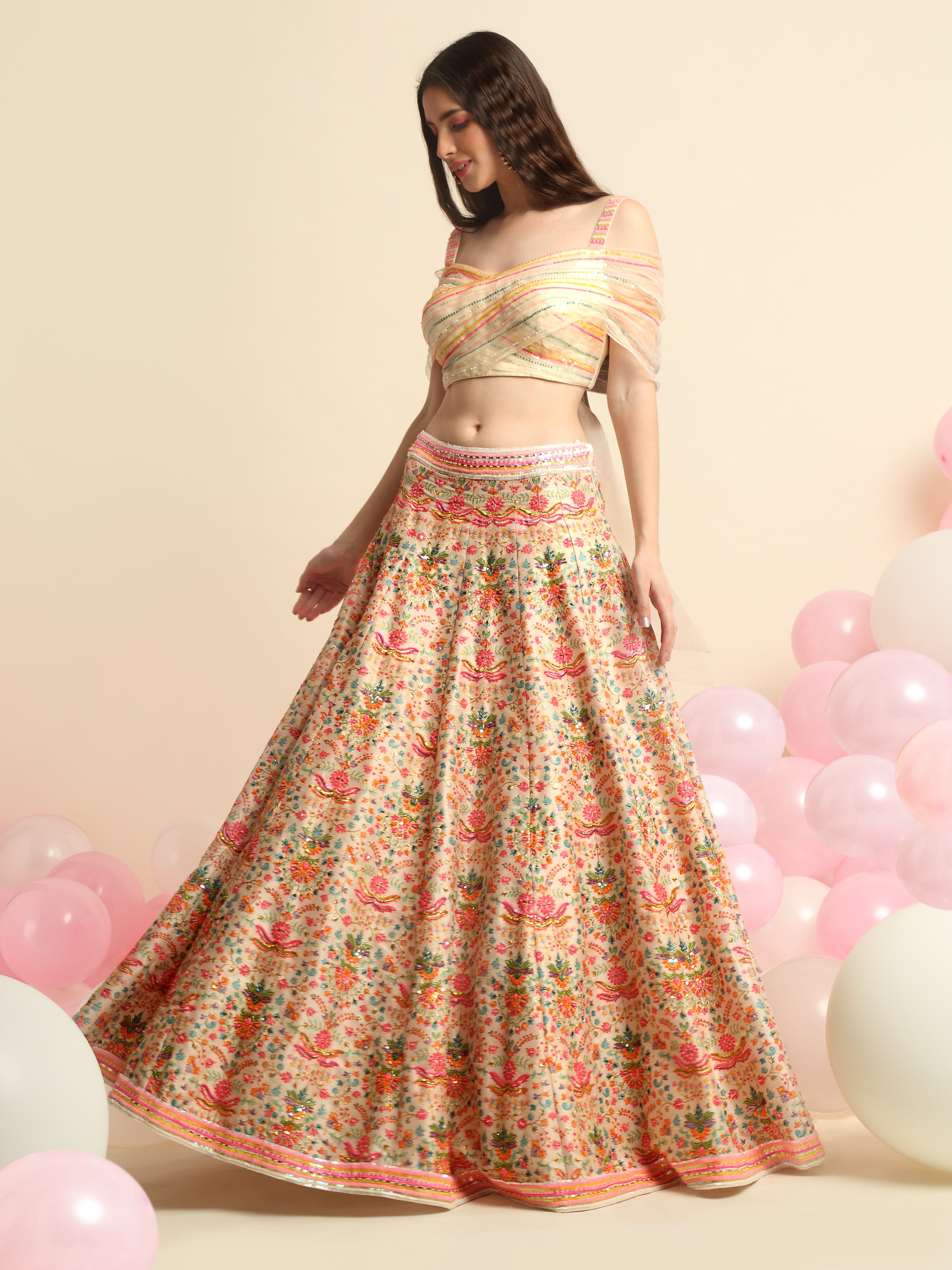 Ivory Printed & Embroidered Lehenga Set