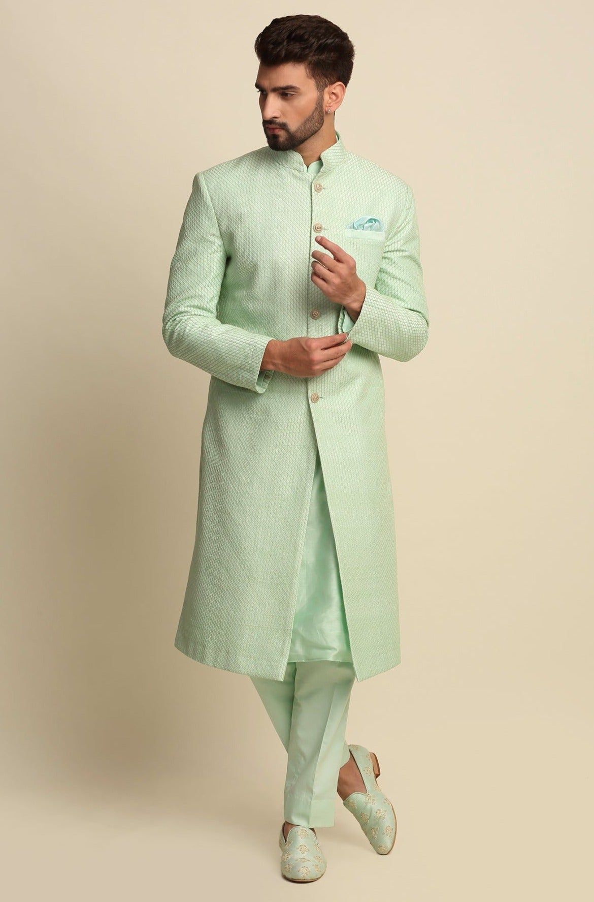 Mint Green Quilted Silk Sherwani Set