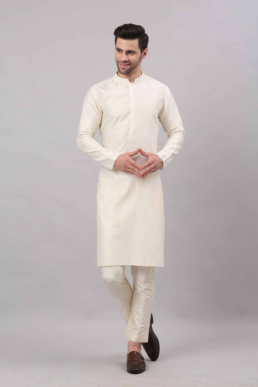 Cream Nehru Collar Jacket Set