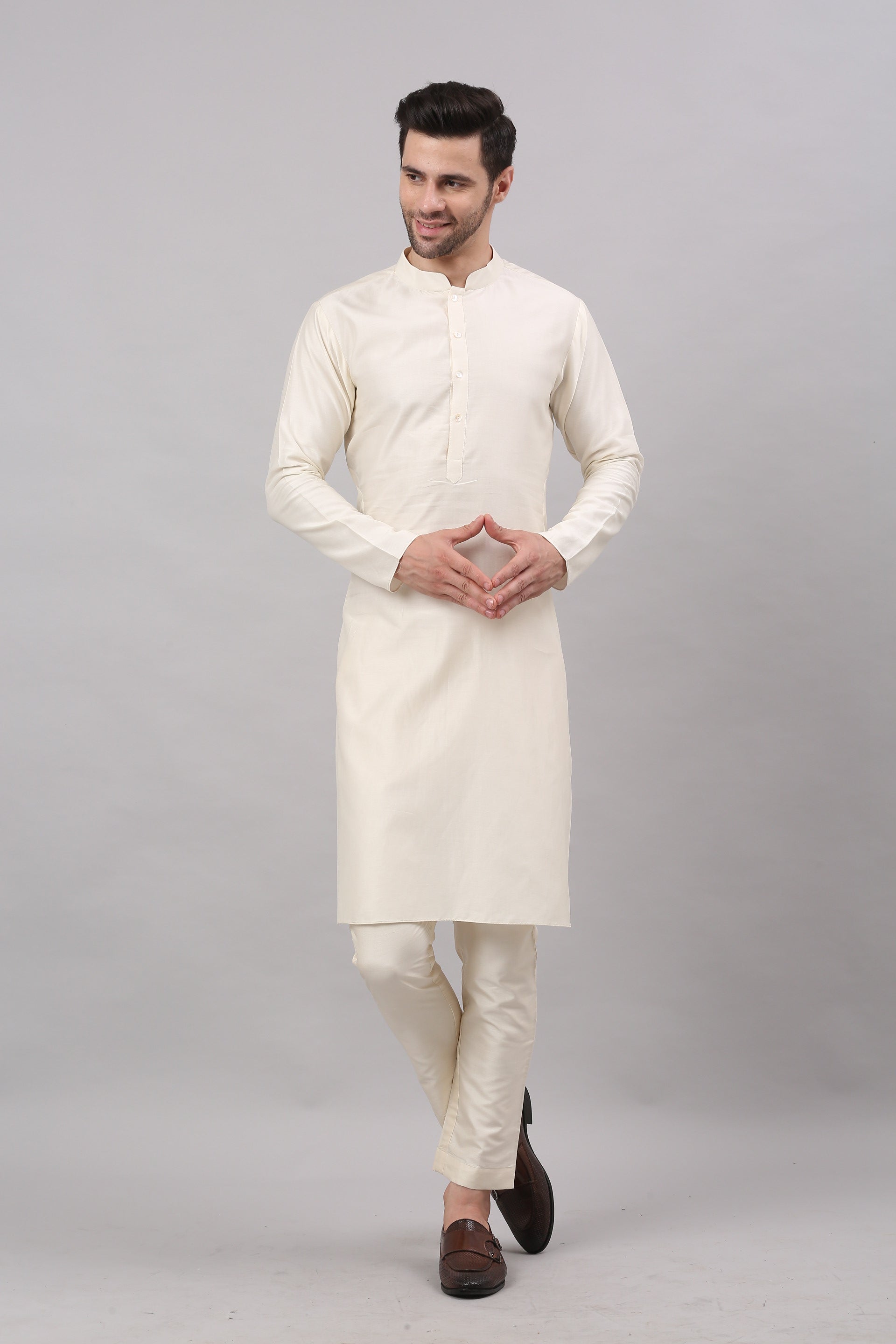 Cream Nehru Collar Jacket Set