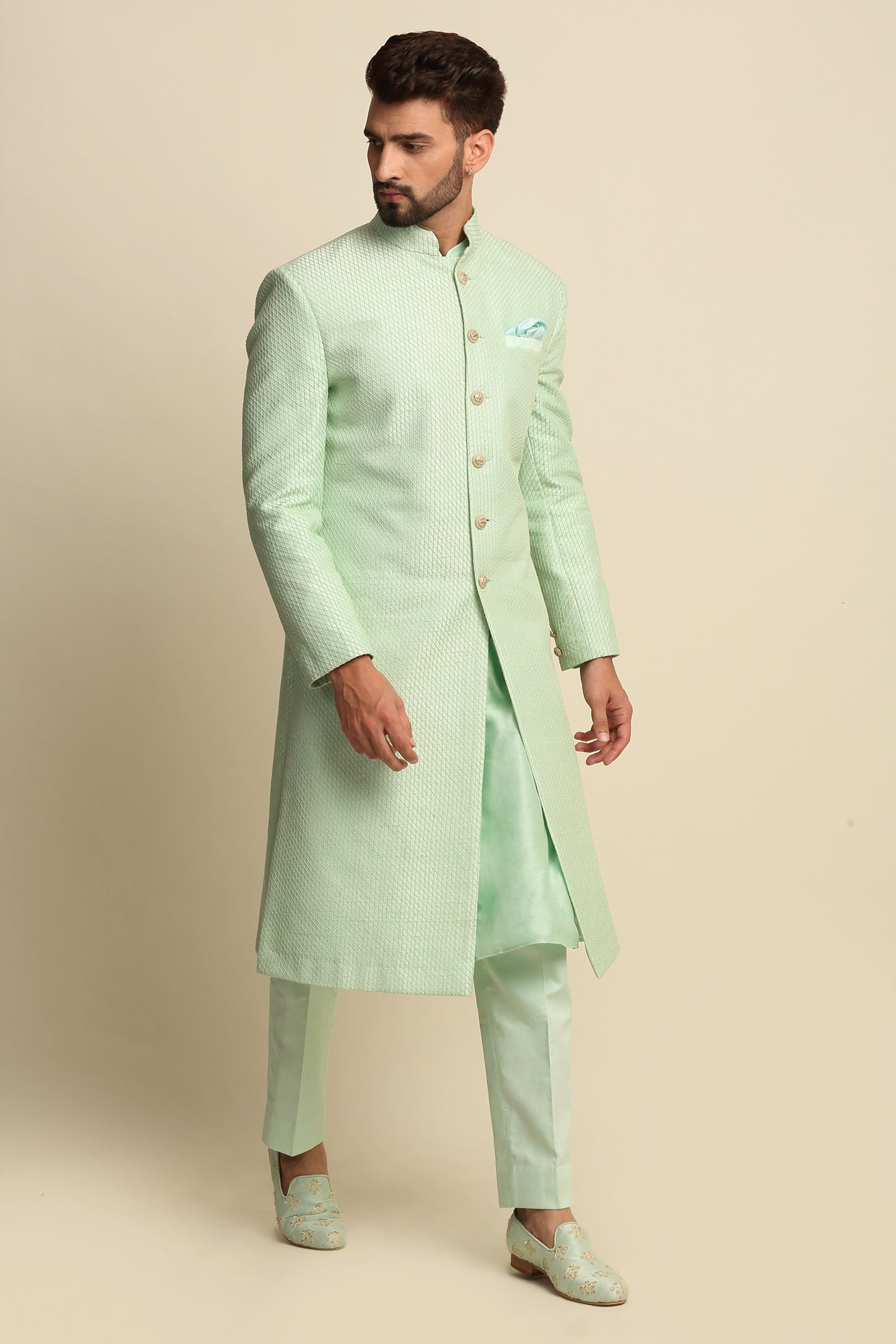 Mint Green Quilted Silk Sherwani Set
