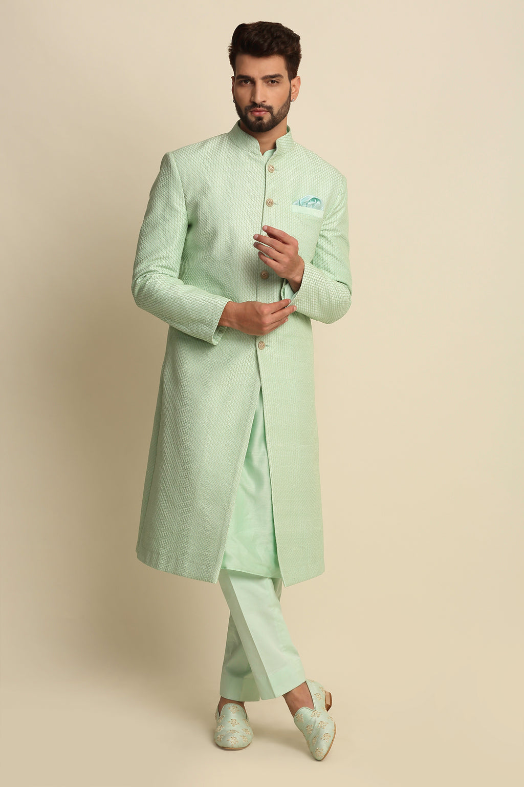 Mint Green Quilted Silk Sherwani Set
