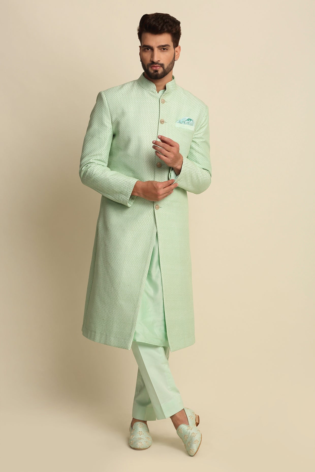 Mint Green Quilted Silk Sherwani Set