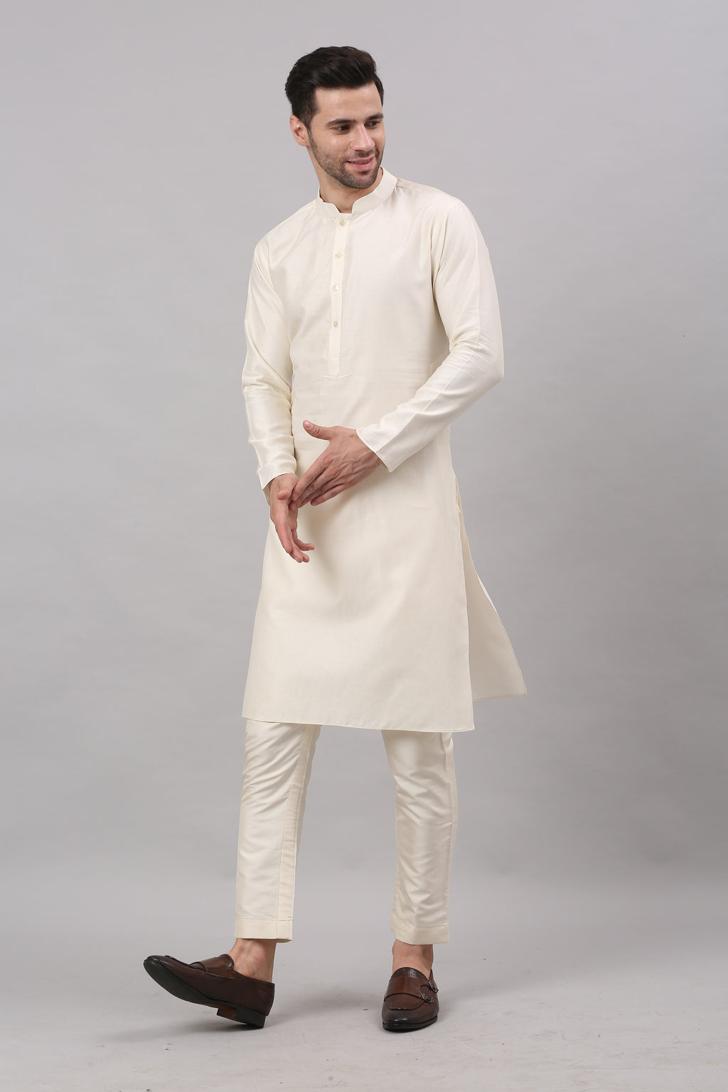 Cream Nehru Collar Jacket Set