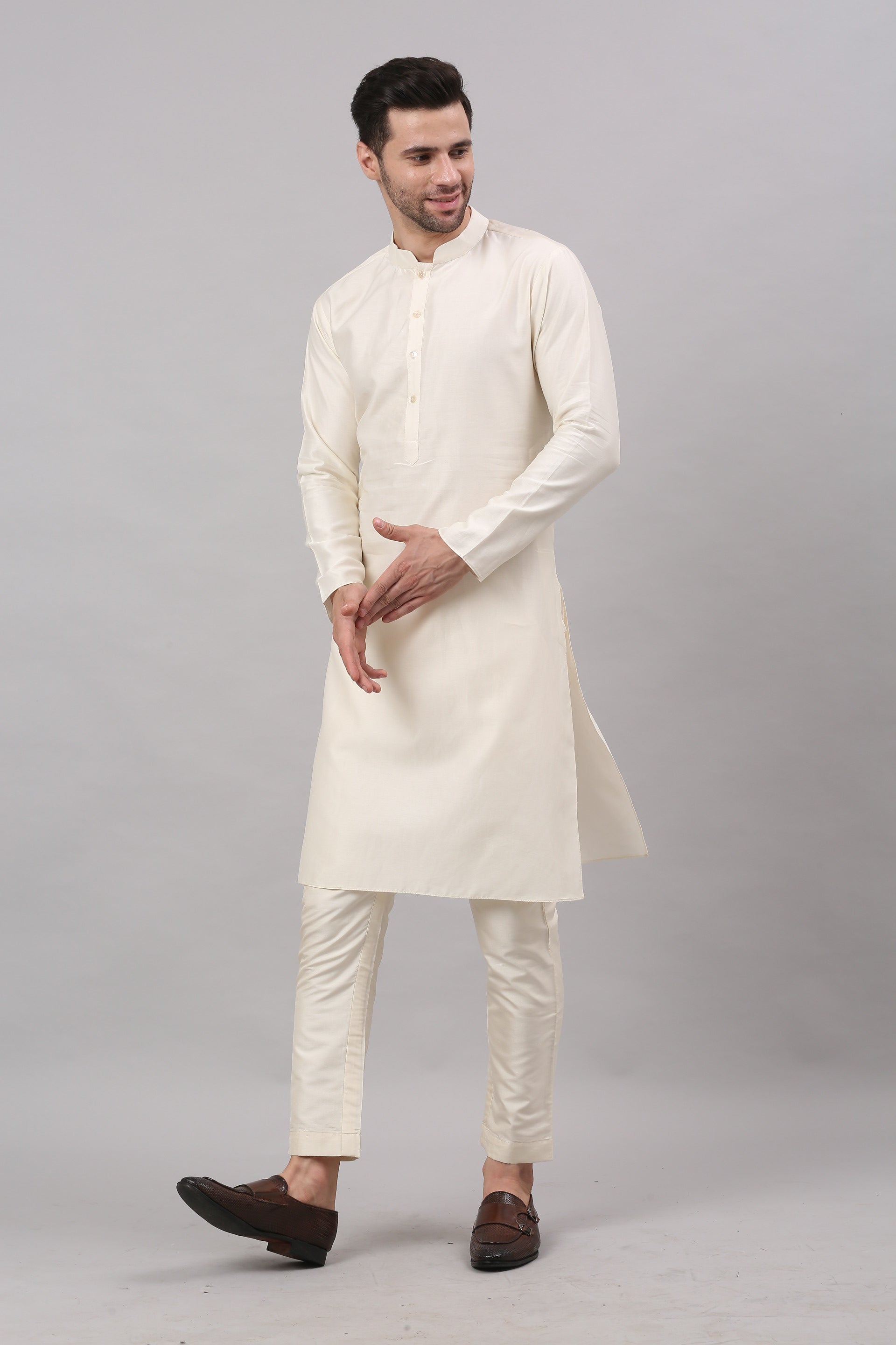 Cream Nehru Collar Jacket Set