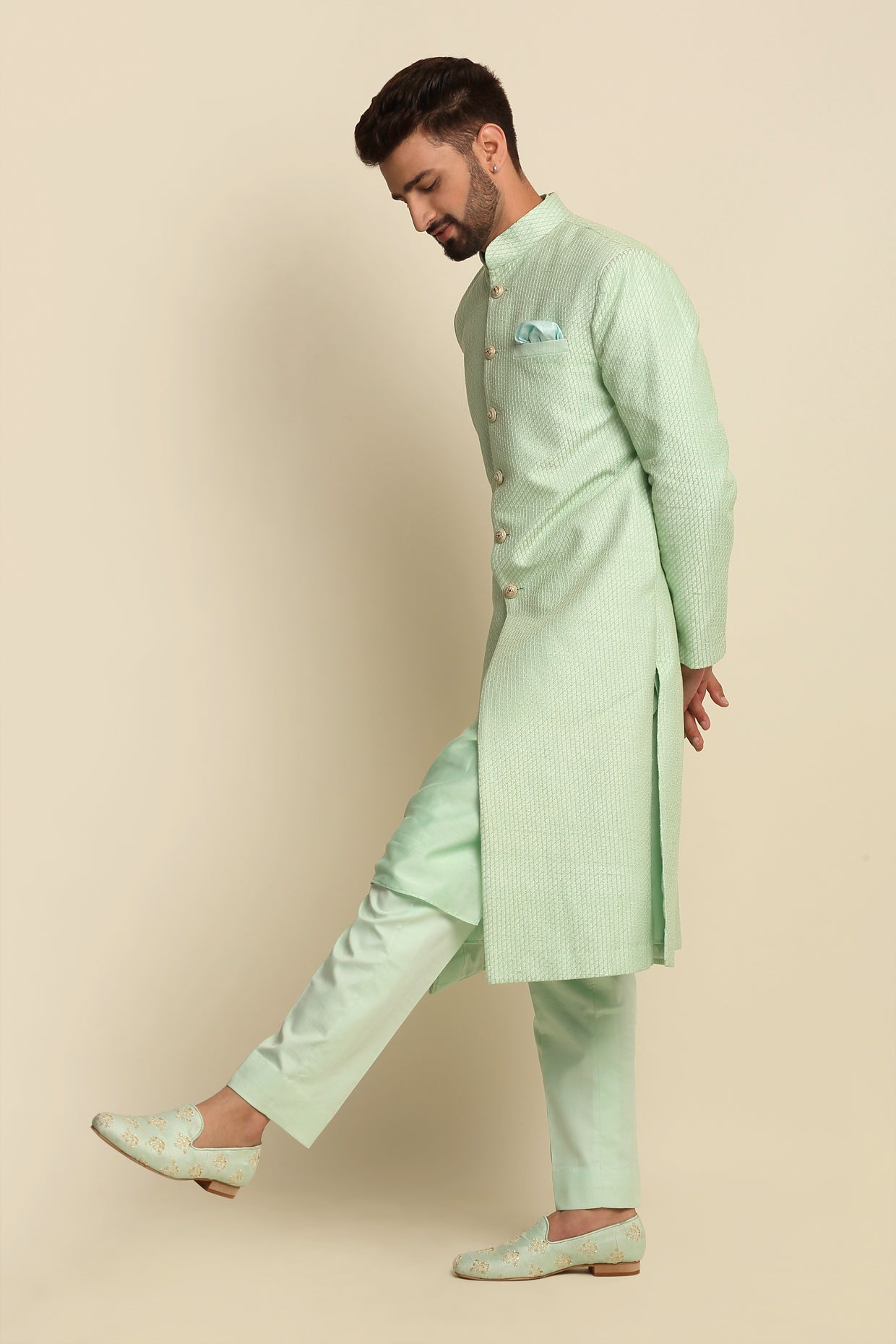 Mint Green Quilted Silk Sherwani set