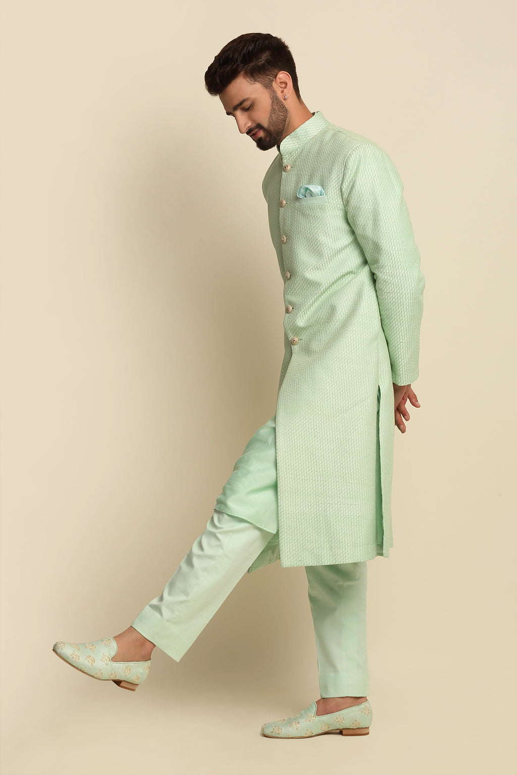 Mint Green Quilted Silk Sherwani Set
