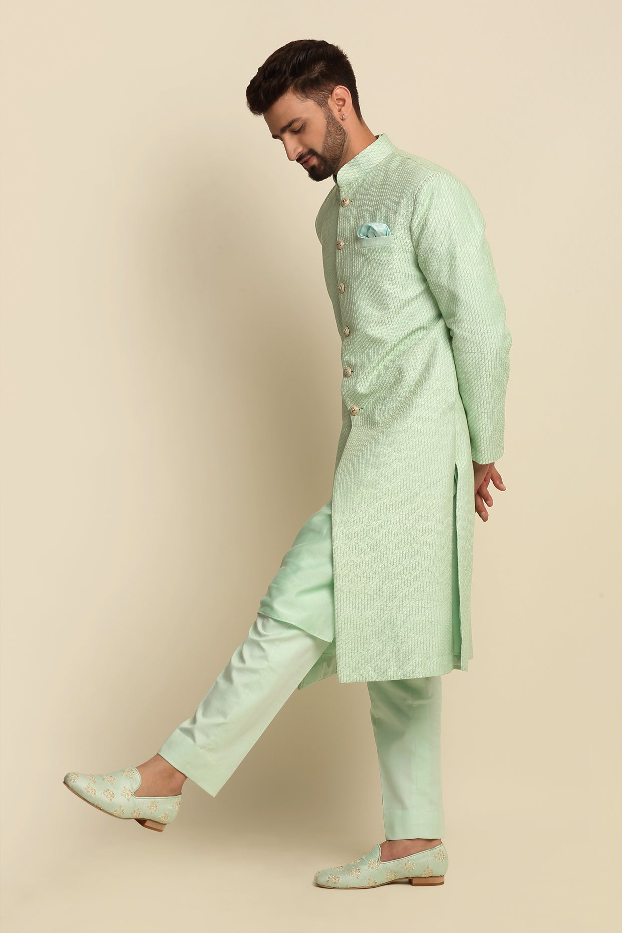 Mint Green Quilted Silk Sherwani Set