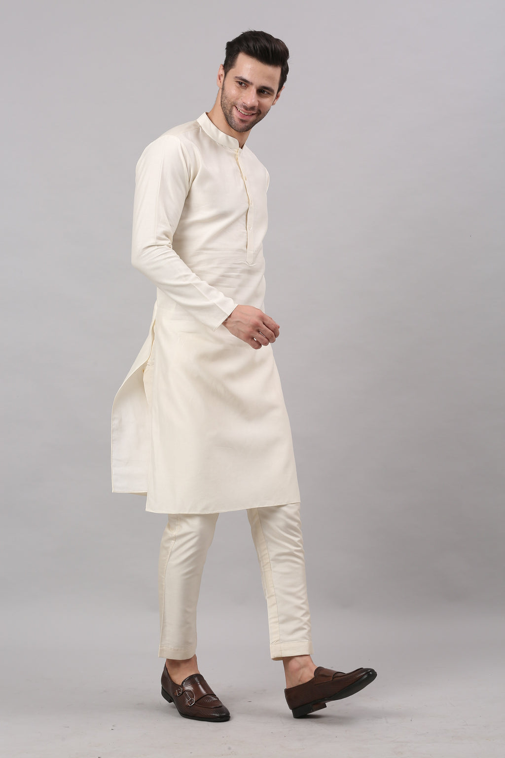Cream Nehru Collar Jacket Set