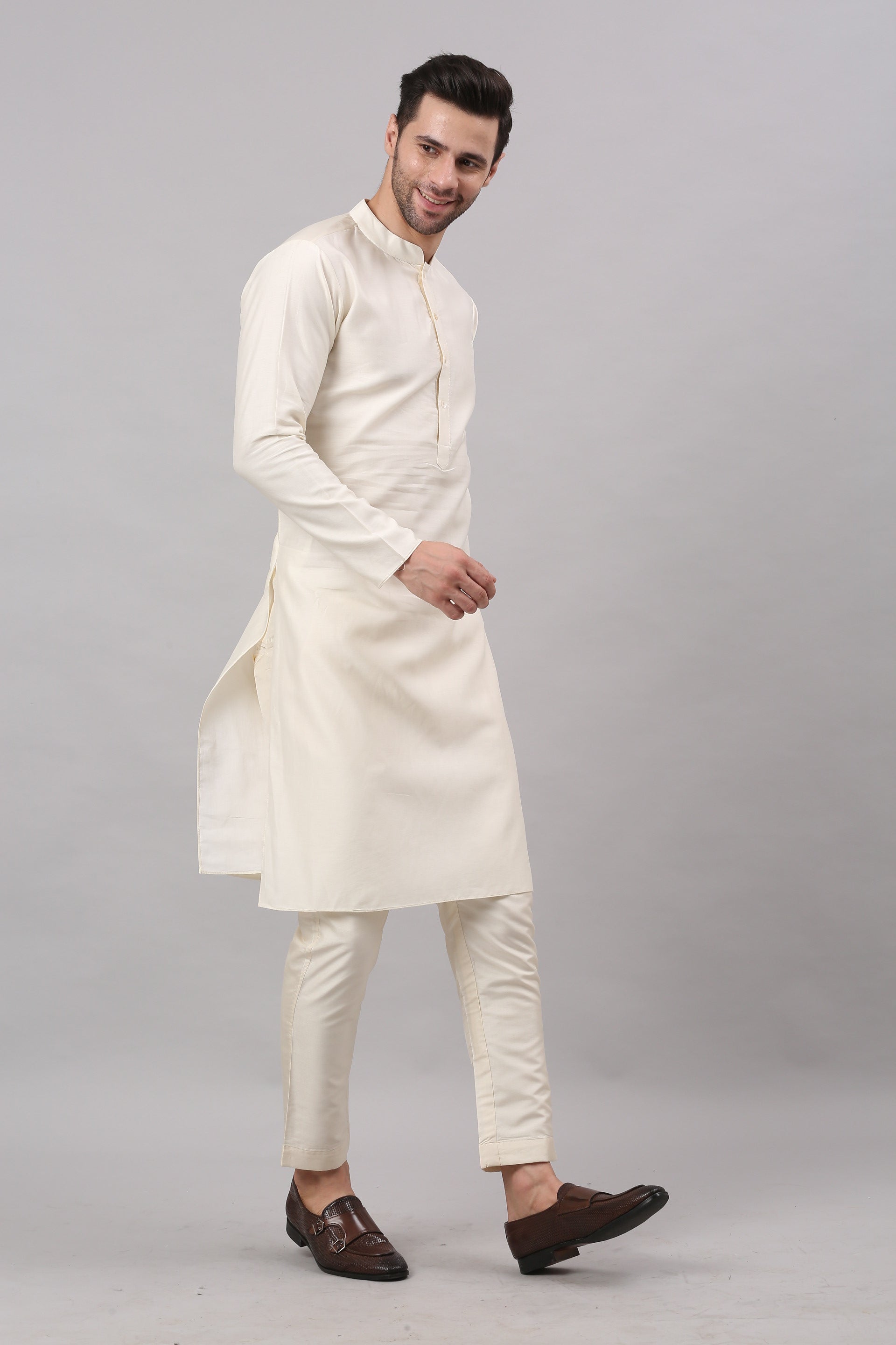 Cream Nehru Collar Jacket Set