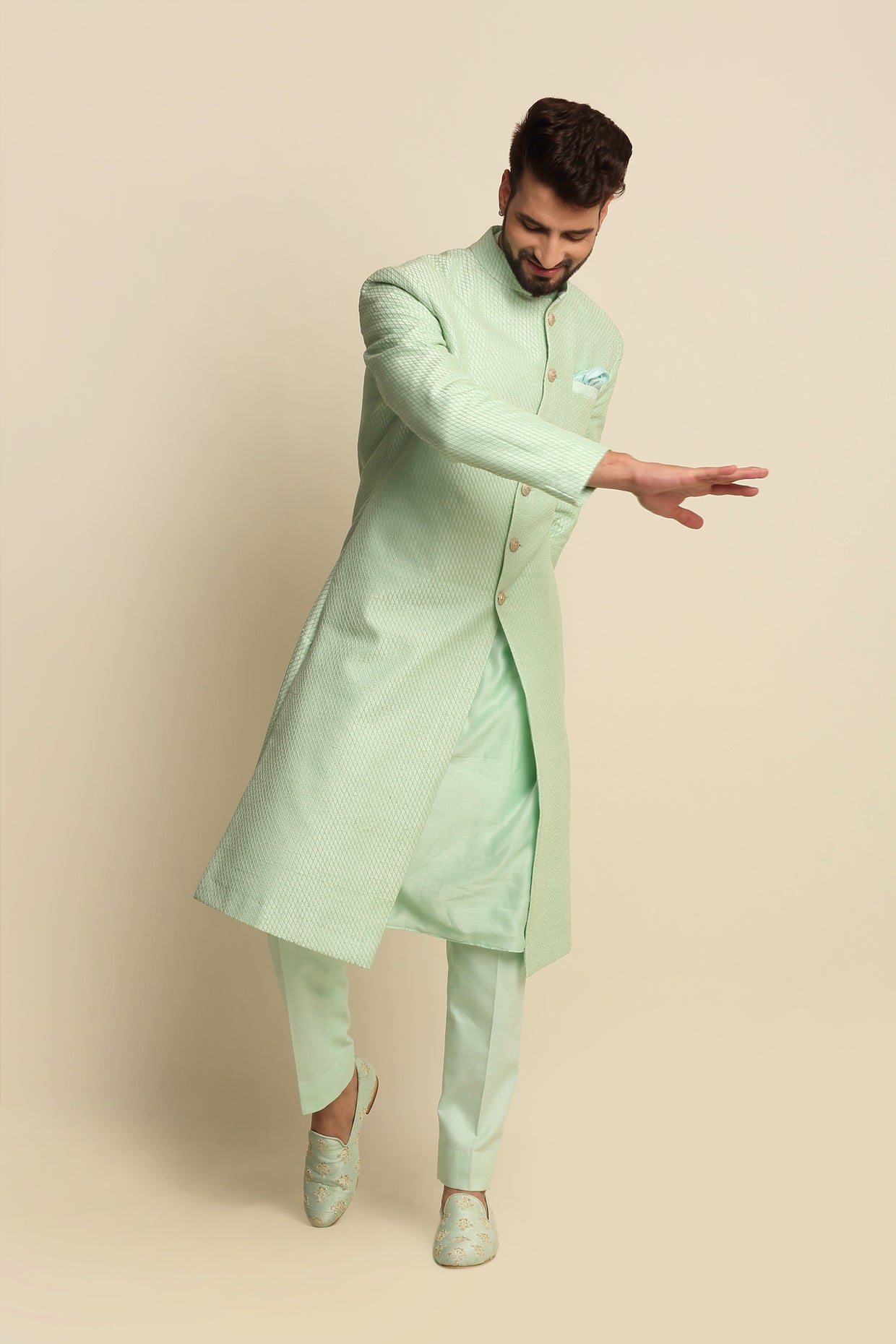 Mint Green Quilted Silk Sherwani set