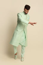 Mint Green Quilted Silk Sherwani Set