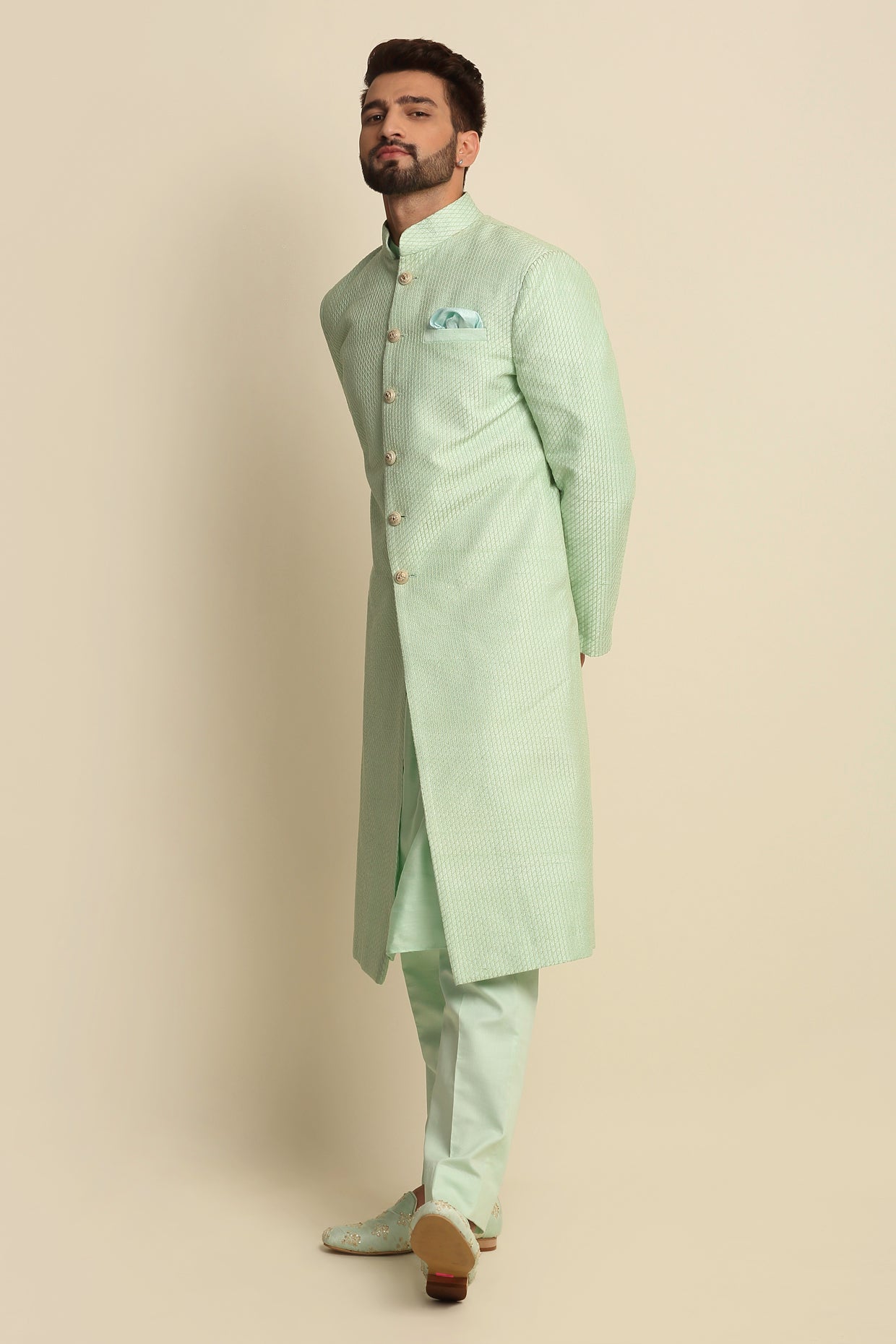 Mint Green Quilted Silk Sherwani Set