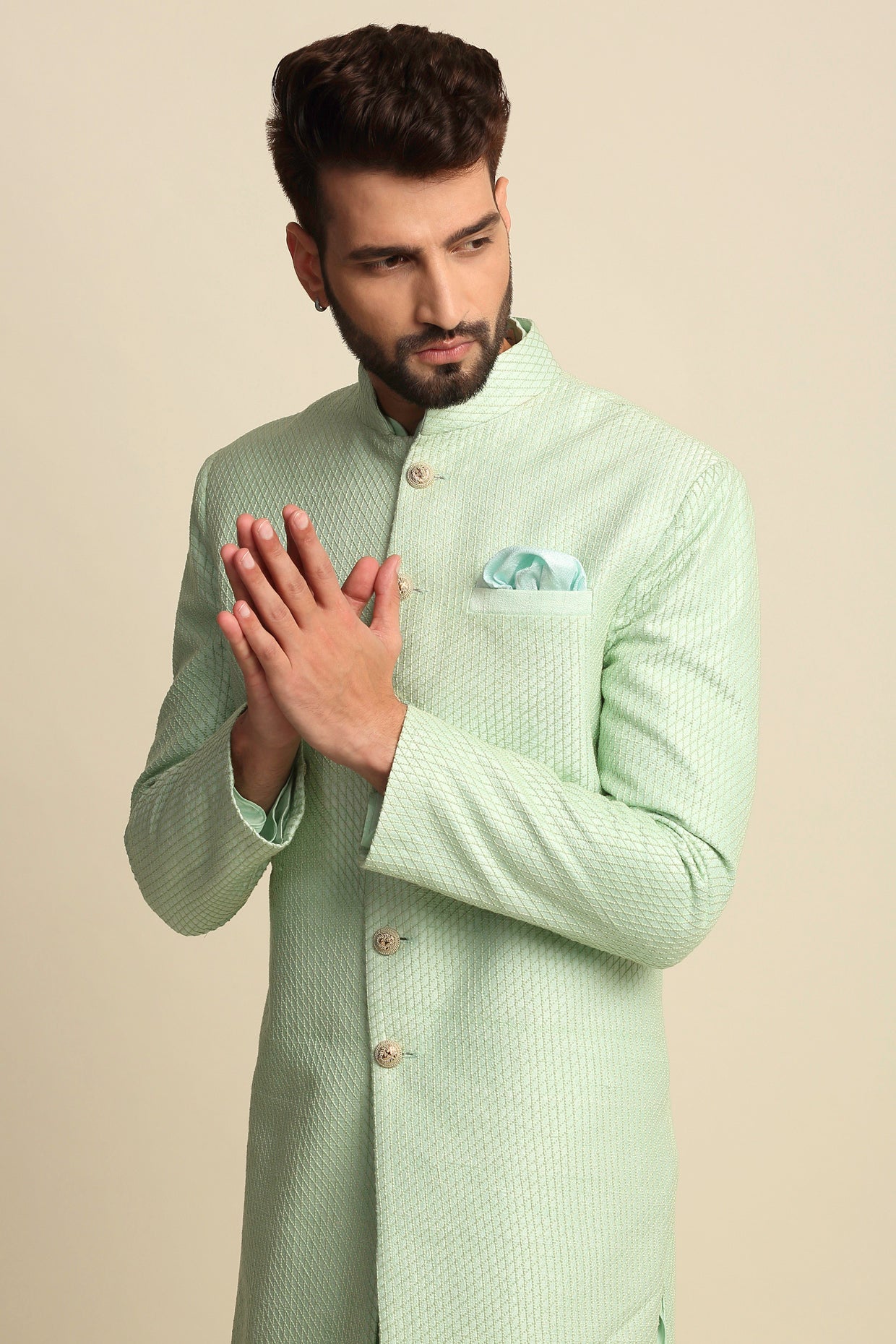 Mint Green Quilted Silk Sherwani set