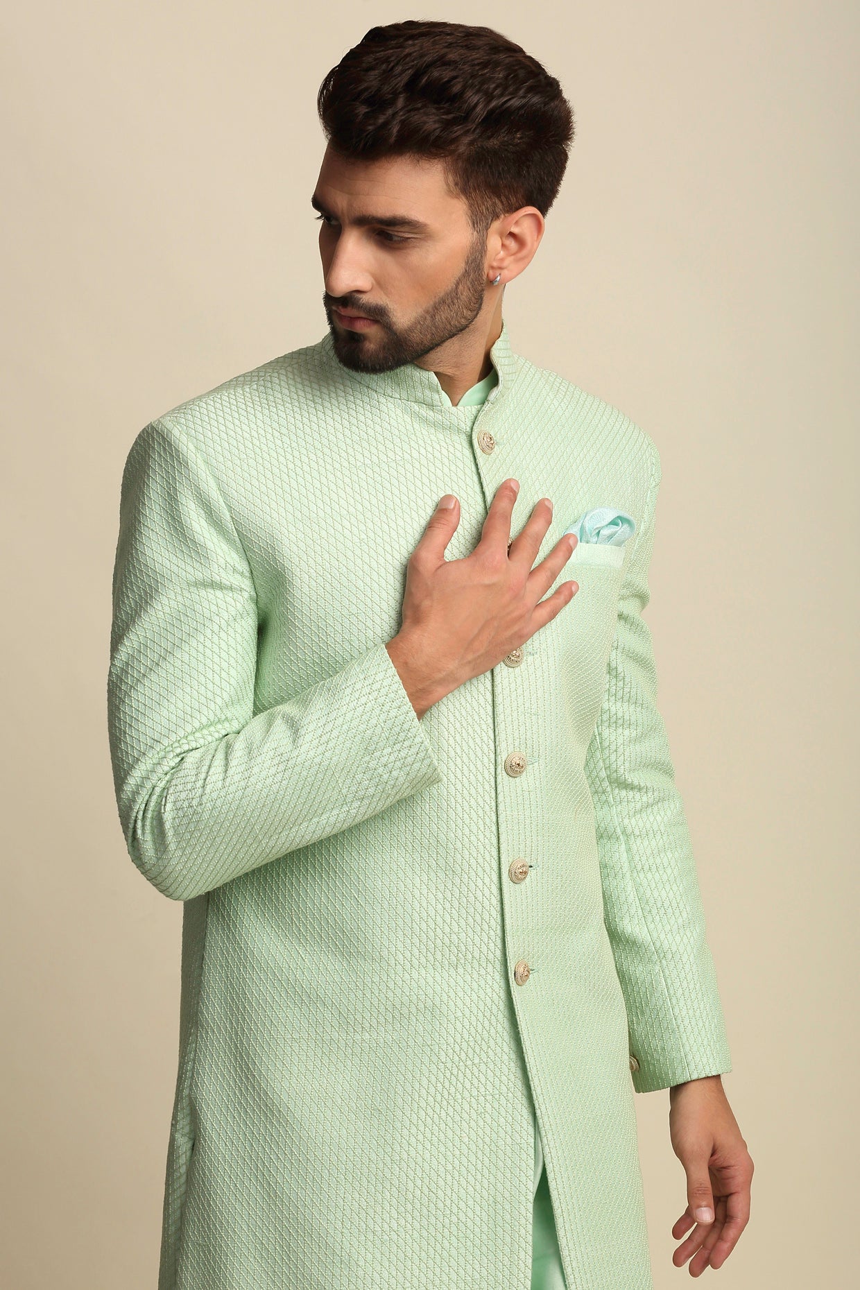 Mint Green Quilted Silk Sherwani set