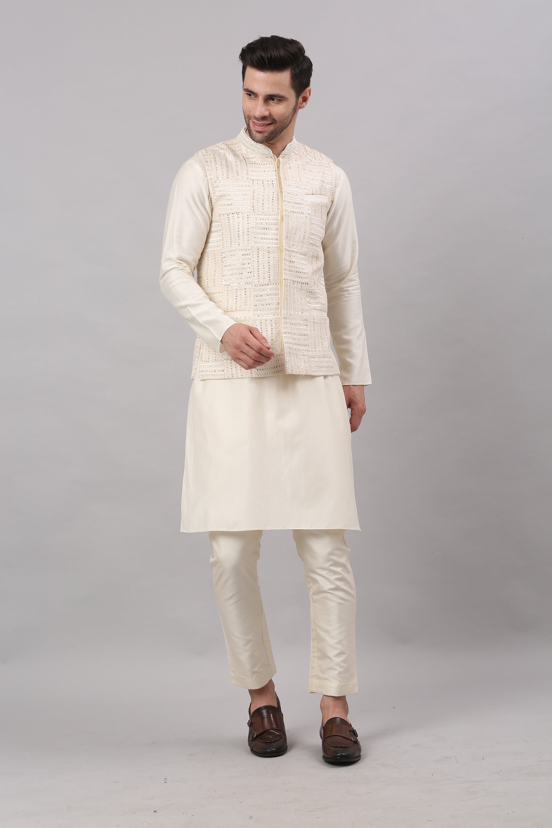 Cream Nehru Collar Jacket Set
