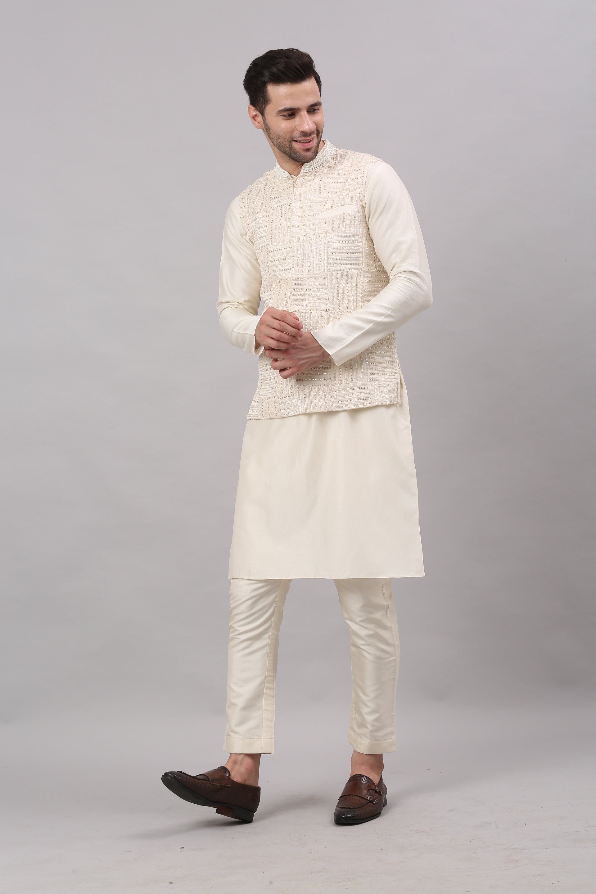 Cream Nehru Collar Jacket Set