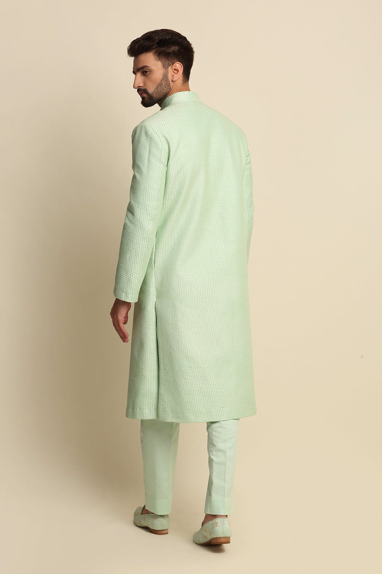 Mint Green Quilted Silk Sherwani Set