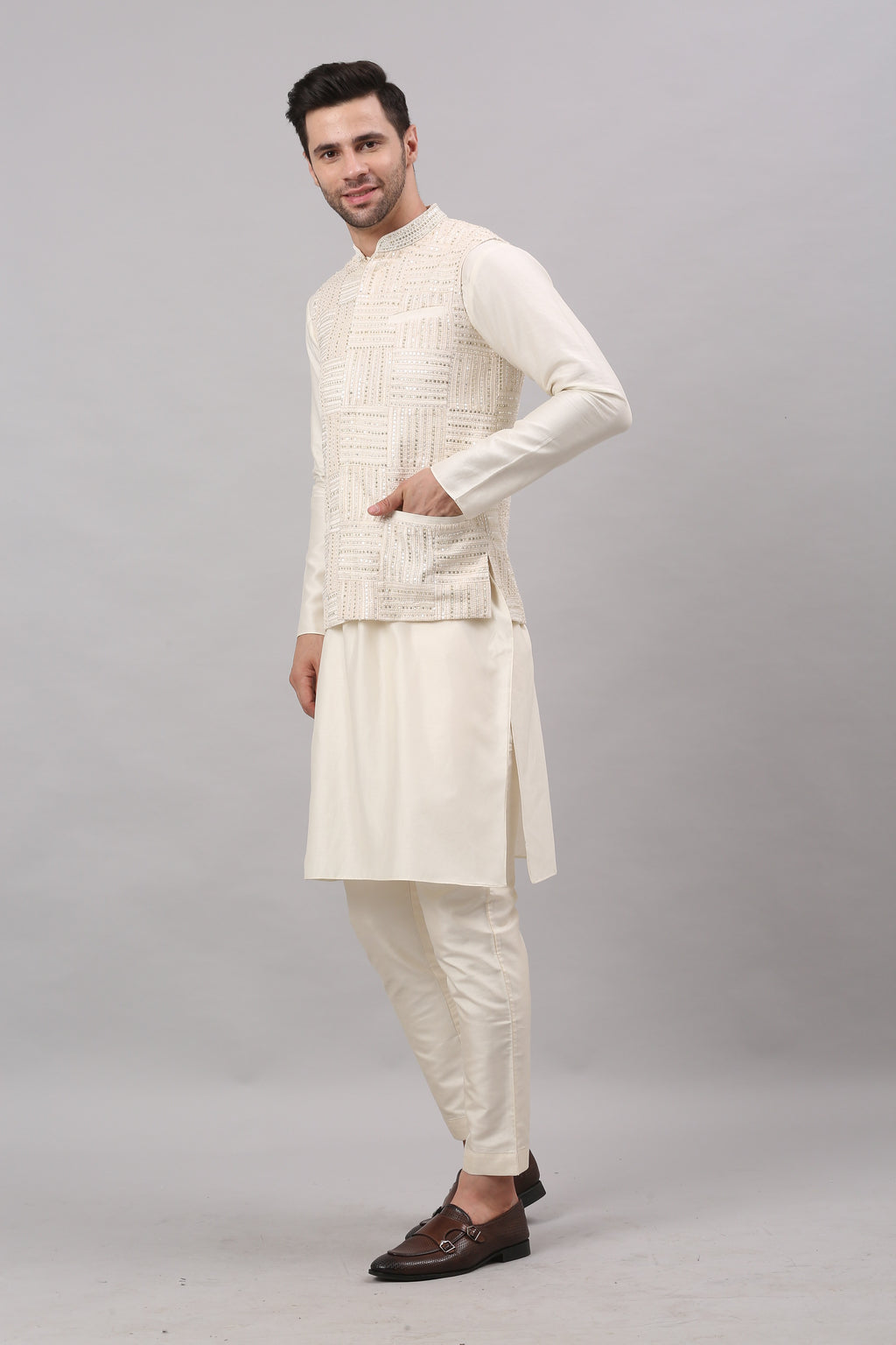 Cream Nehru Collar Jacket Set
