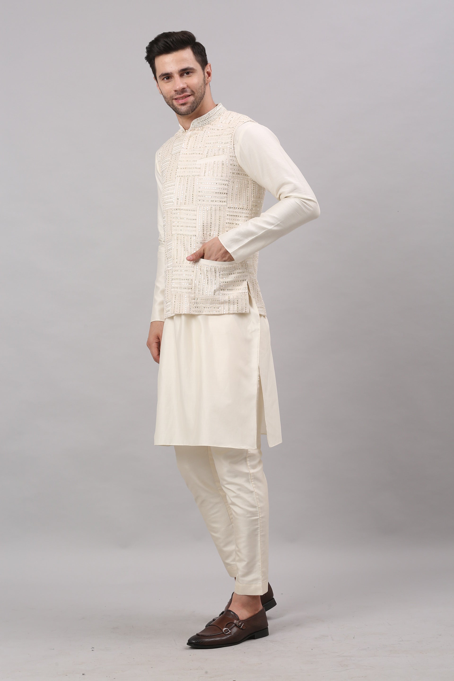 Cream Nehru Collar Jacket Set