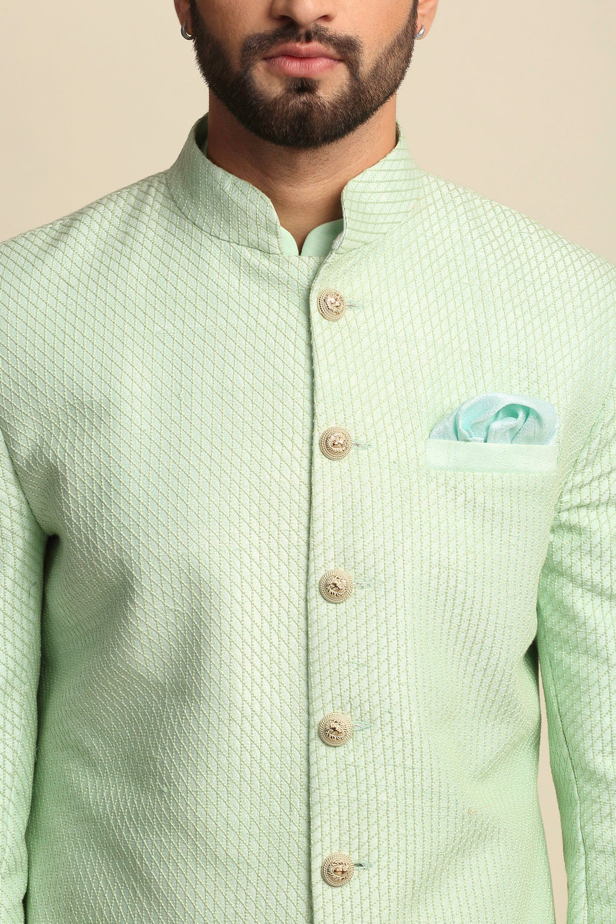 Mint Green Quilted Silk Sherwani set