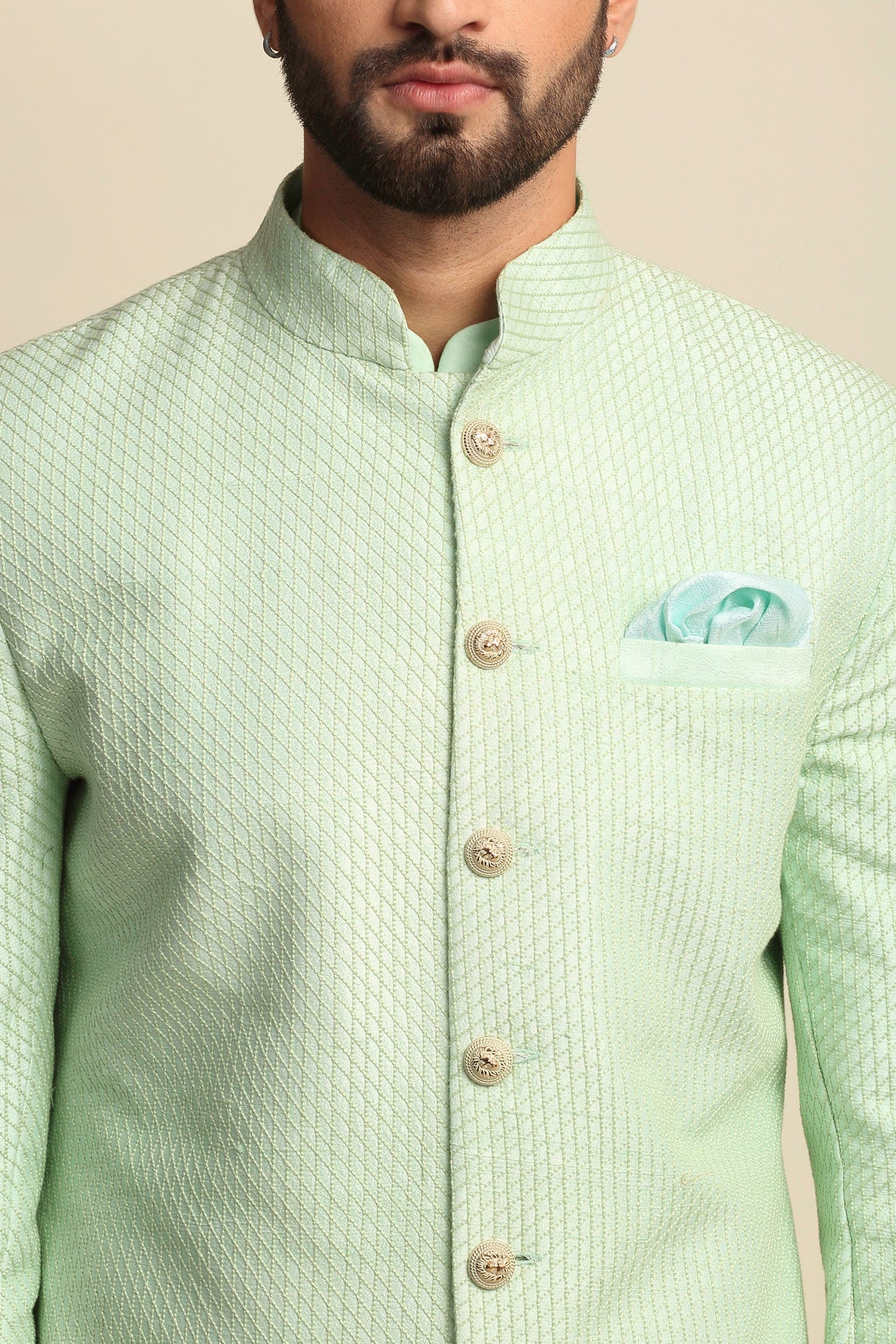 Mint Green Quilted Silk Sherwani Set
