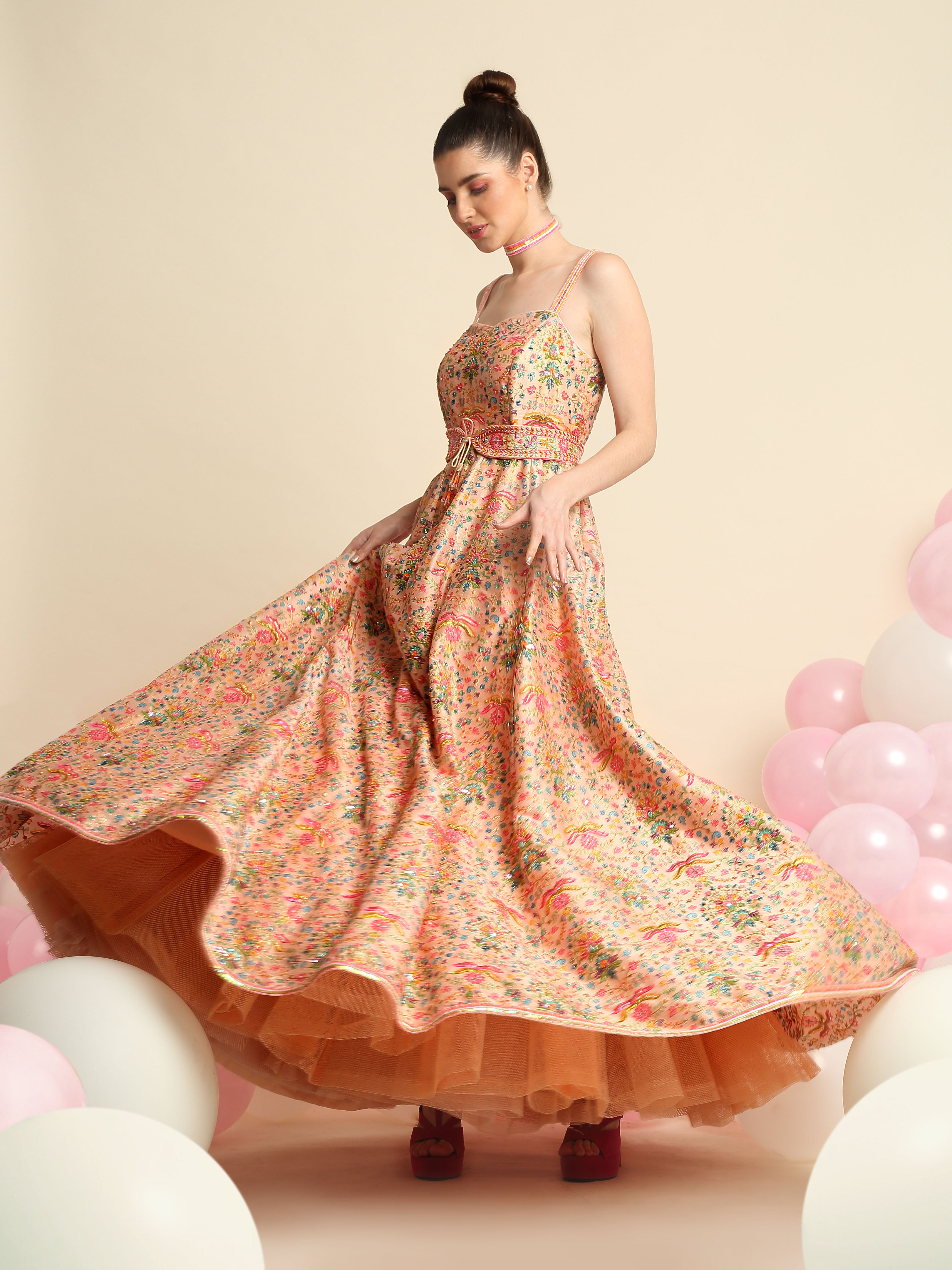 Peach Pink Printed & Embroidered Gown