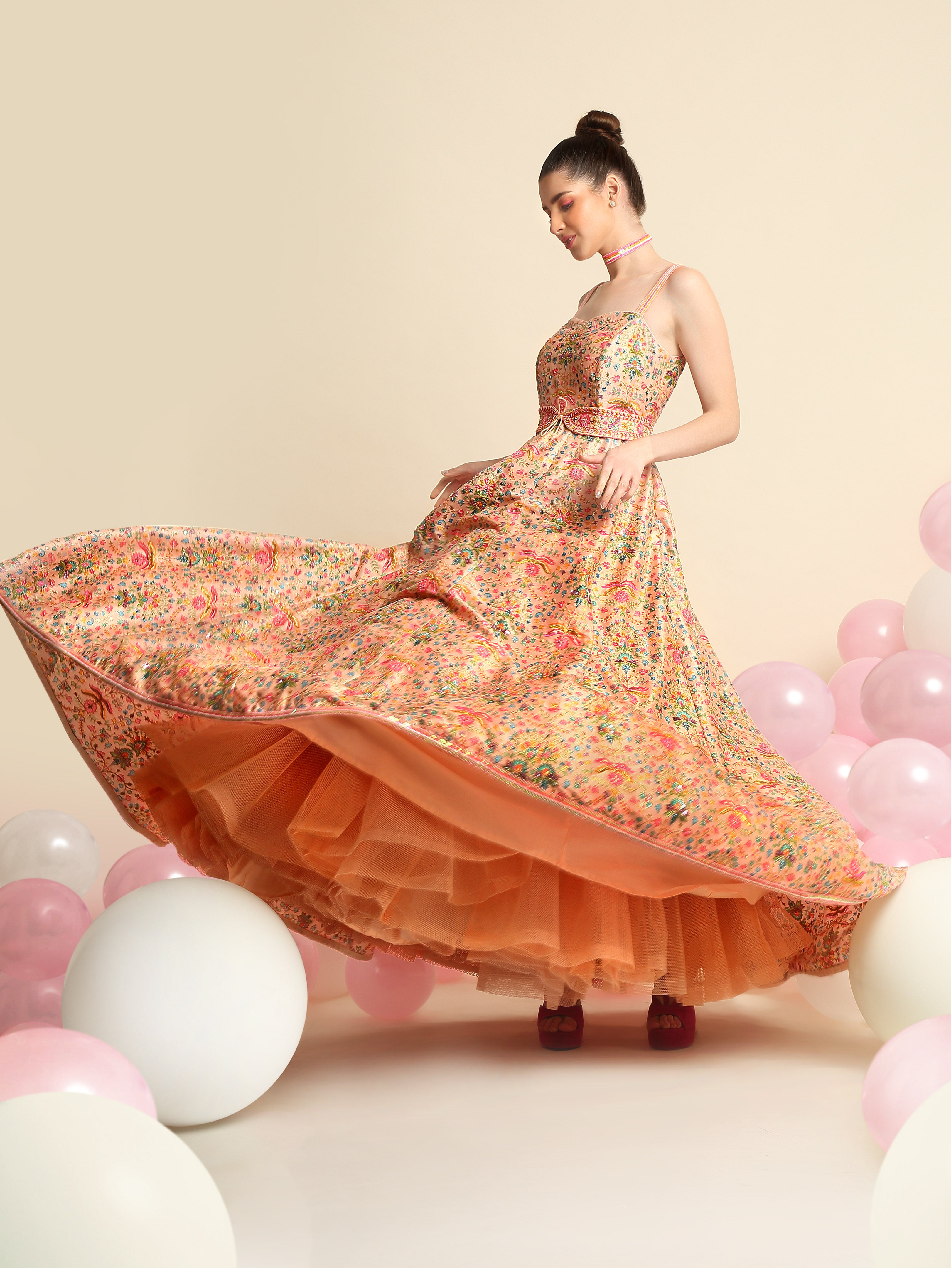 Peach Pink Printed & Embroidered Gown