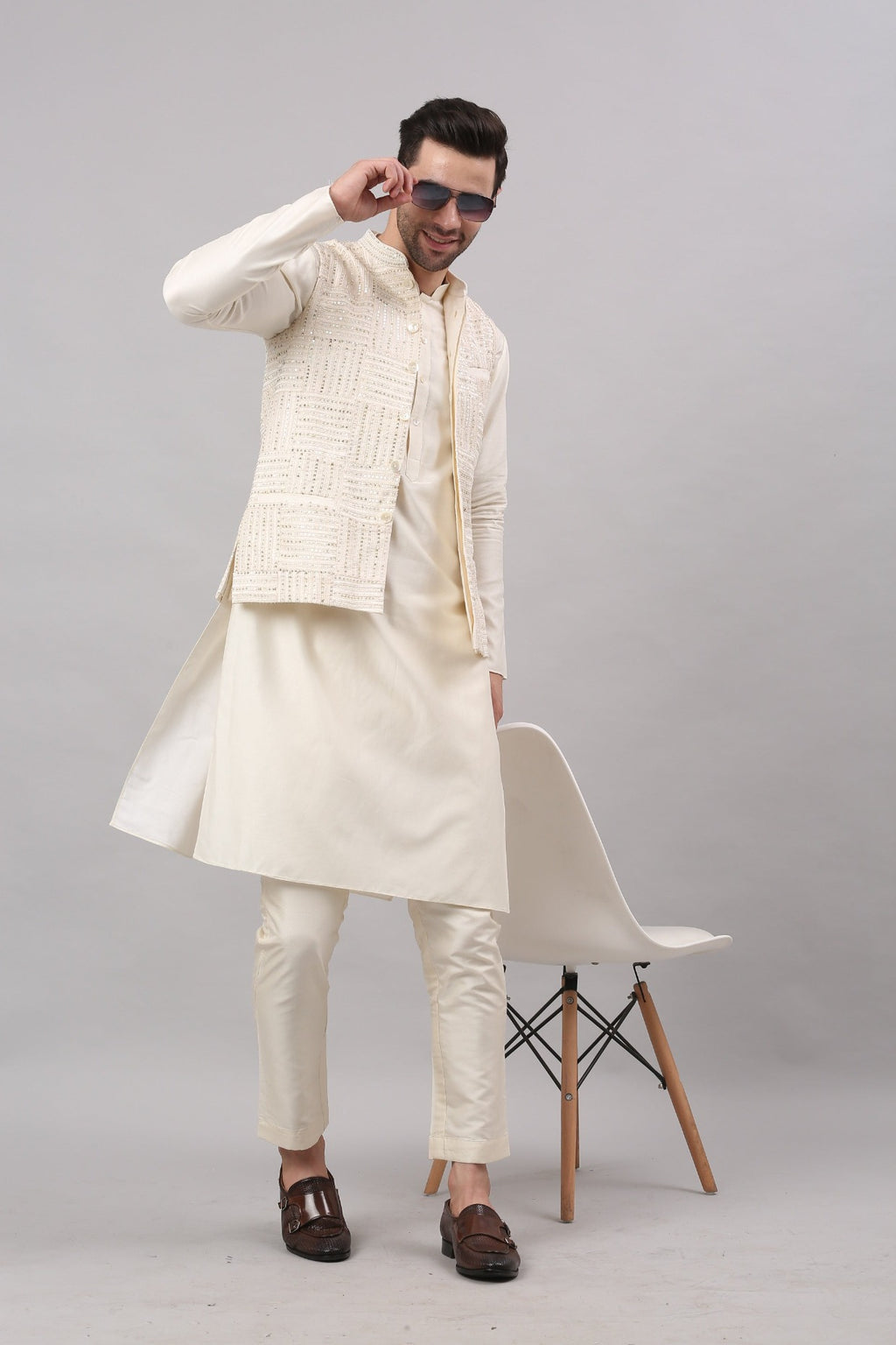 Cream Nehru Collar Jacket Set