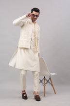 Cream Nehru Collar Jacket Set