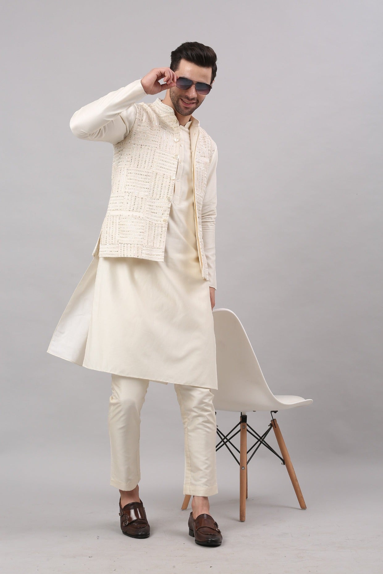 Cream Nehru Collar Jacket Set