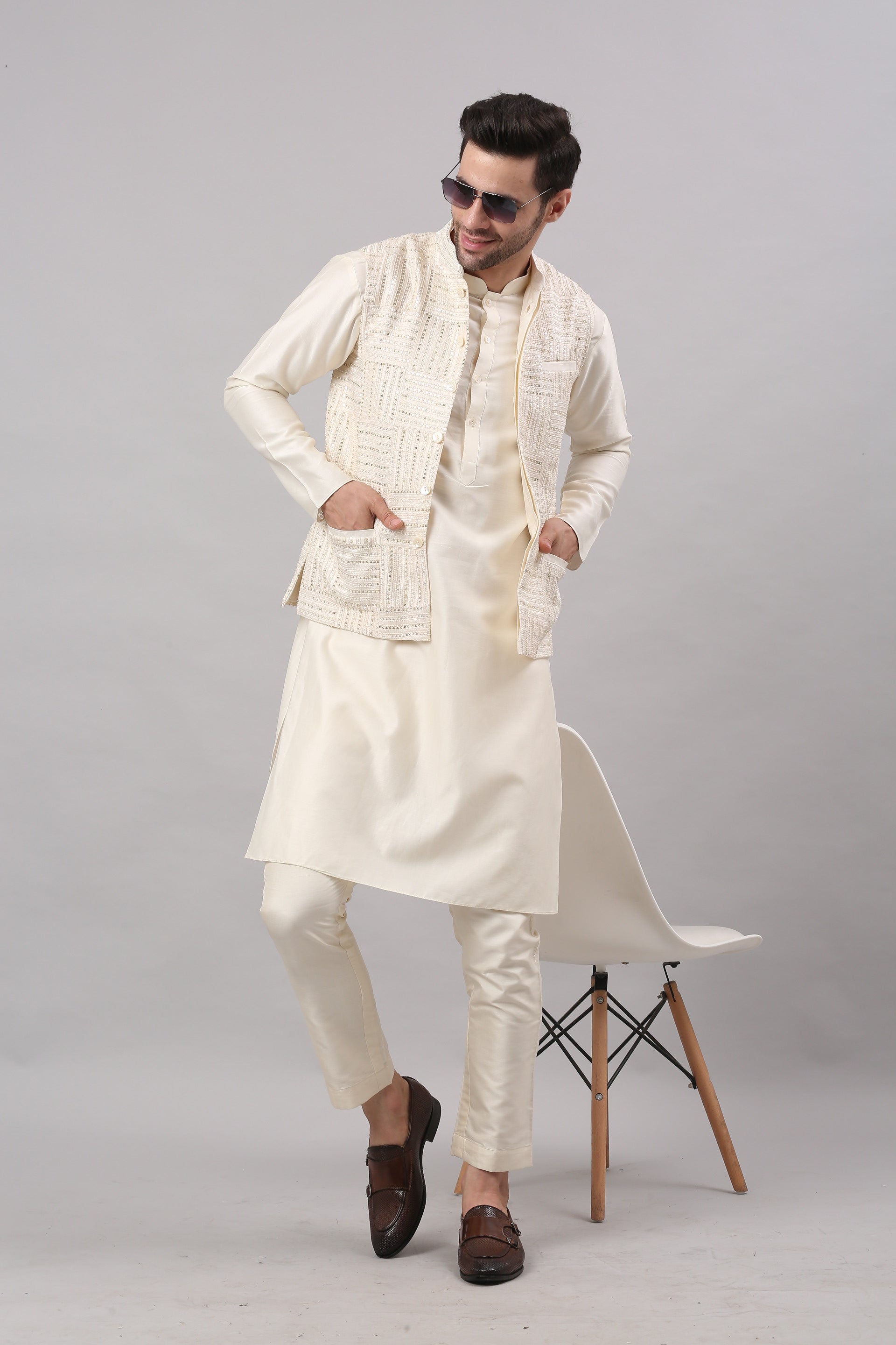 Cream Nehru Collar Jacket Set