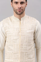 Cream Nehru Collar Jacket Set
