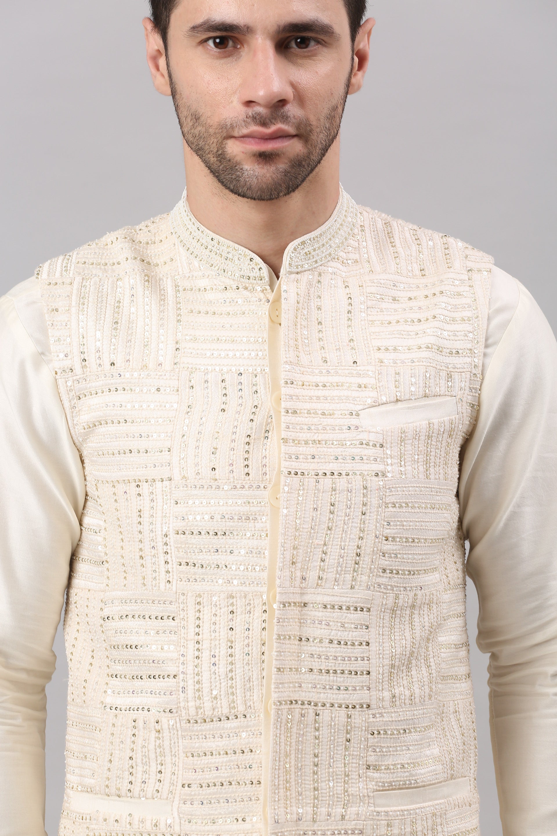 Cream Nehru Collar Jacket Set
